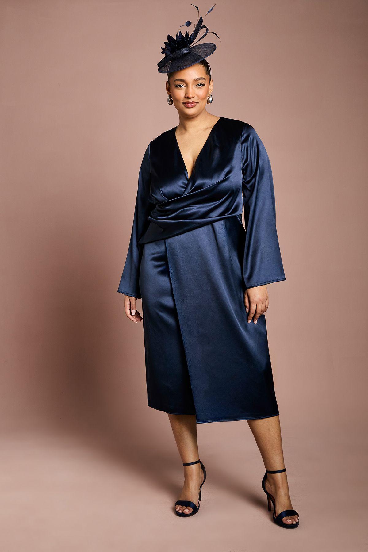 Plus Satin Wrap Front Dress With Flare Sleeve by COAST