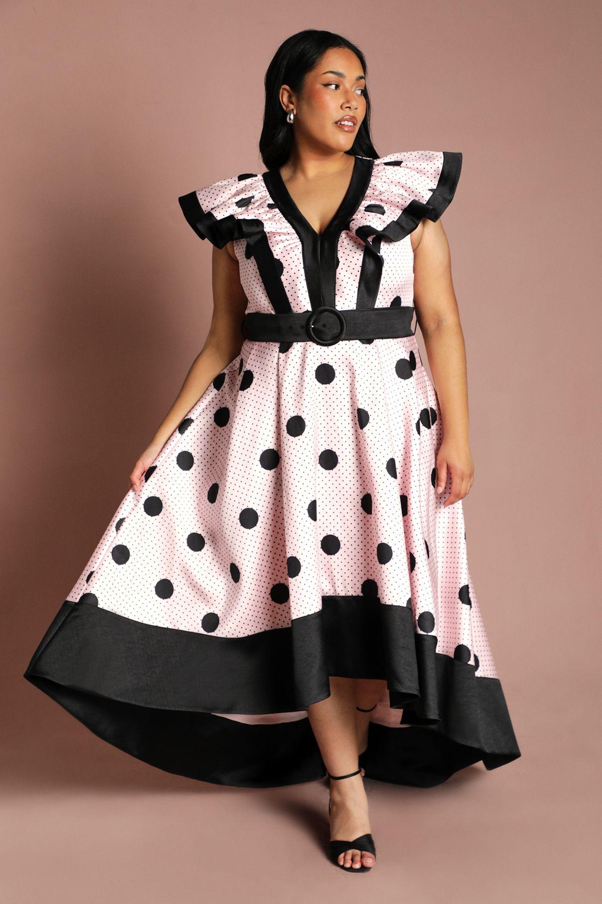 Plus Spot Print Contrast Detail High Low Hem Midi Dress by COAST