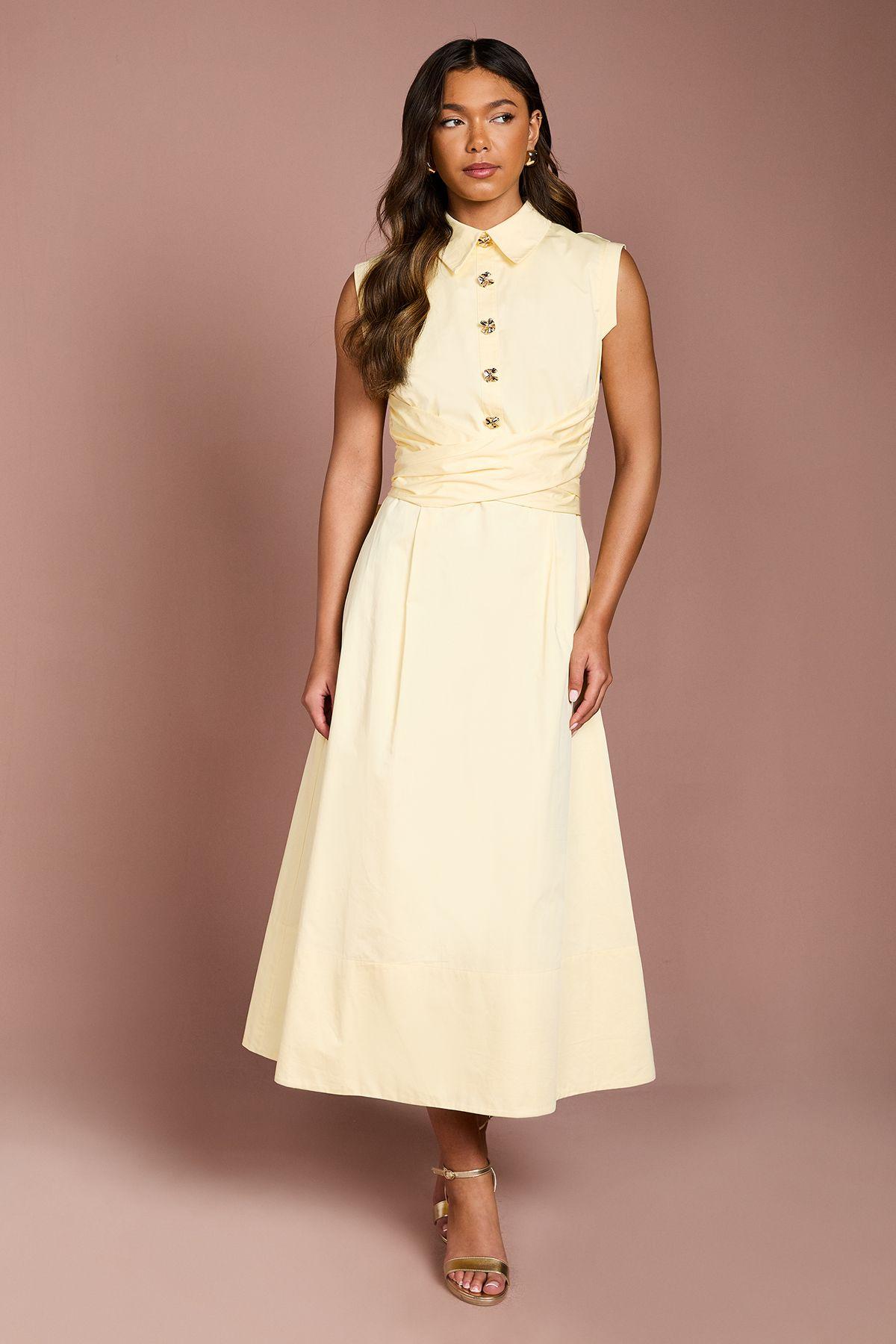 Poplin Wrap Waisted Gold Button Midi Dress by COAST