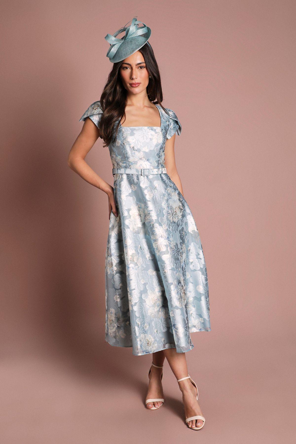 Printed Cap Sleeve Square Neck Belted Midi Dress by COAST