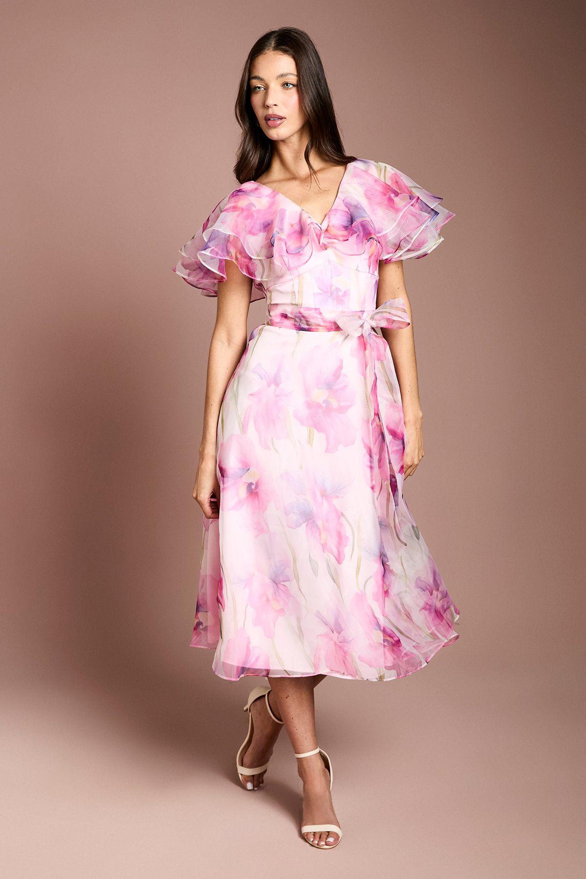 Printed Organza Ruffle Sleeve Midi Dress by COAST