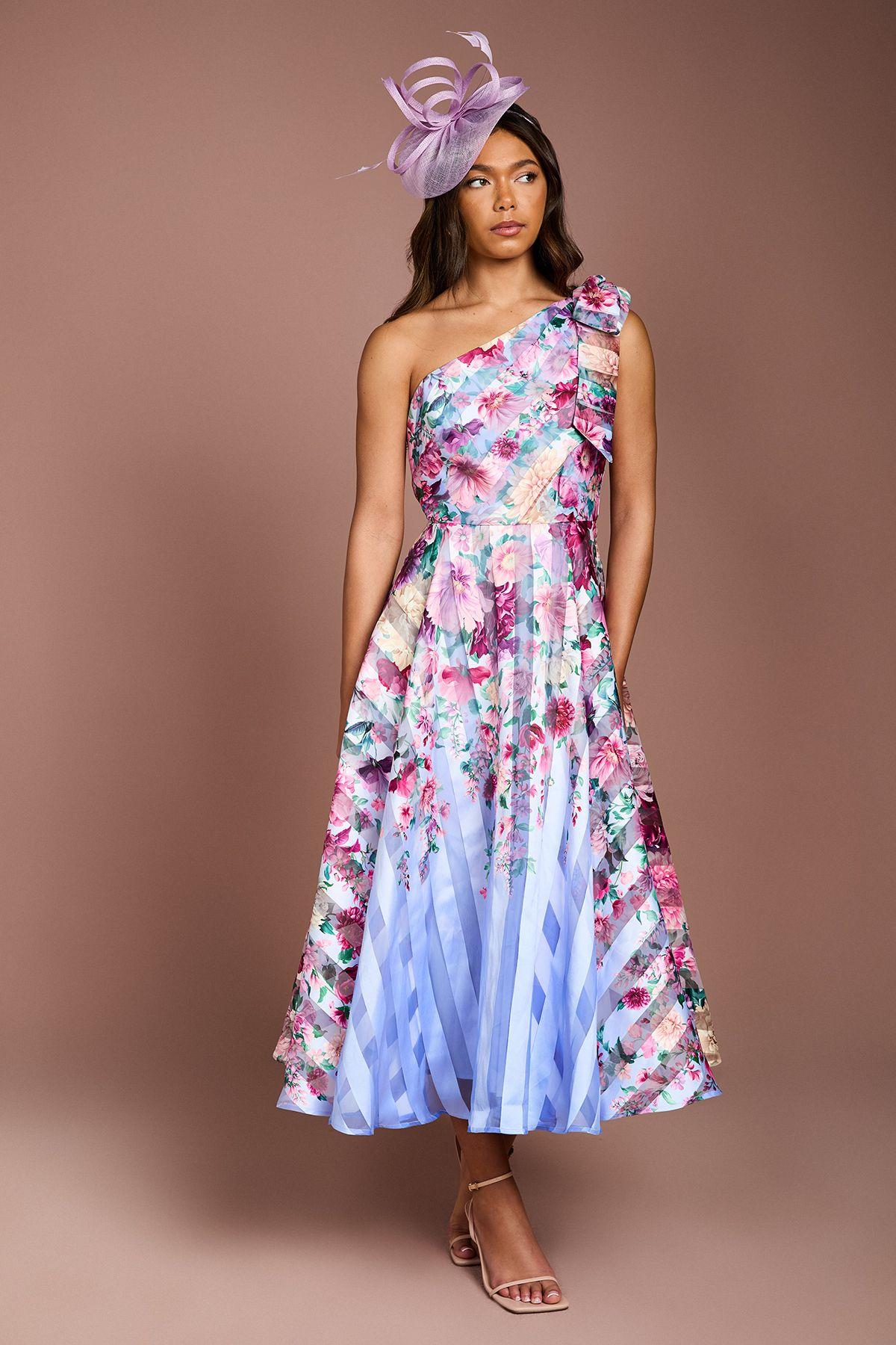 Printed Stripe Organza One Shoulder Midi Dress by COAST