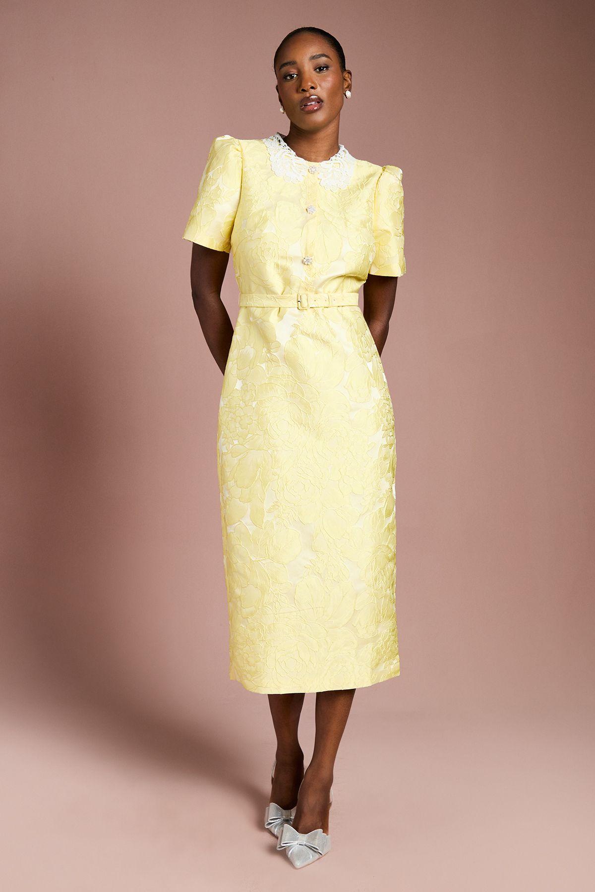 Puff Sleeve Collared Jacquard Midi Dress by COAST