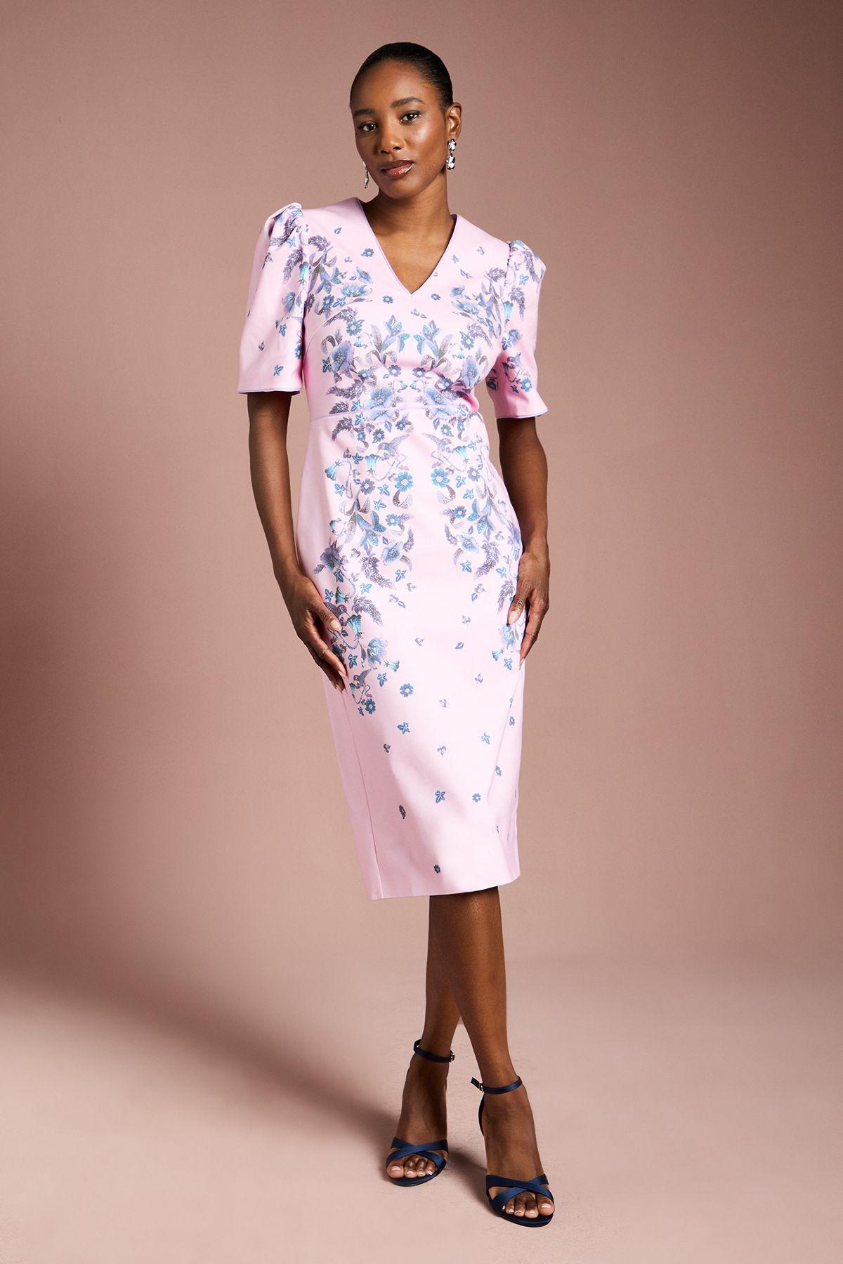 Puff Sleeve Floral Placement Print Structured Cotton Pencil Dress by COAST