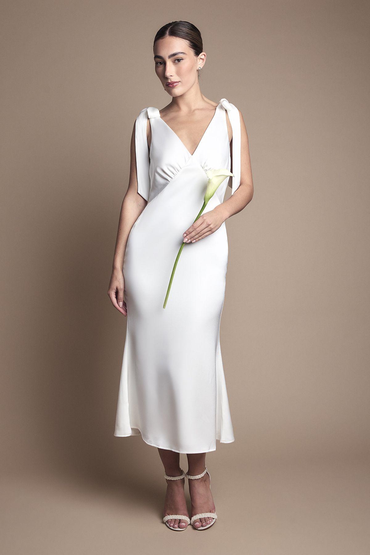 Satin Back Crepe Tie Shoulder Midi Wedding Dress by COAST