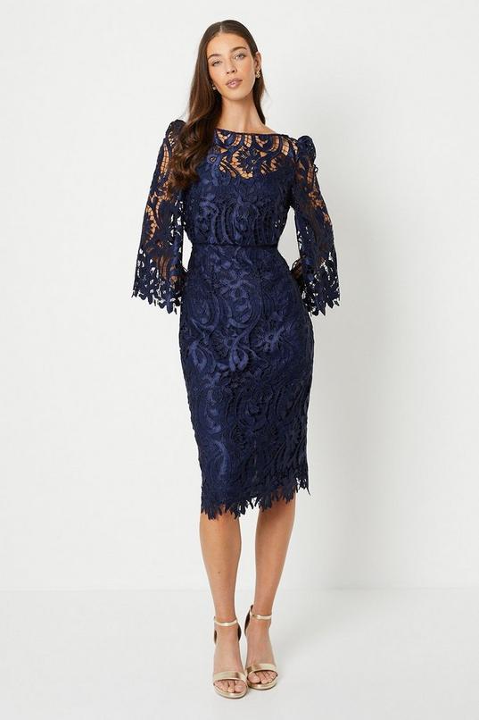 Satin Lace Boat Neck Midi Dress With Fluted Sleeve by COAST