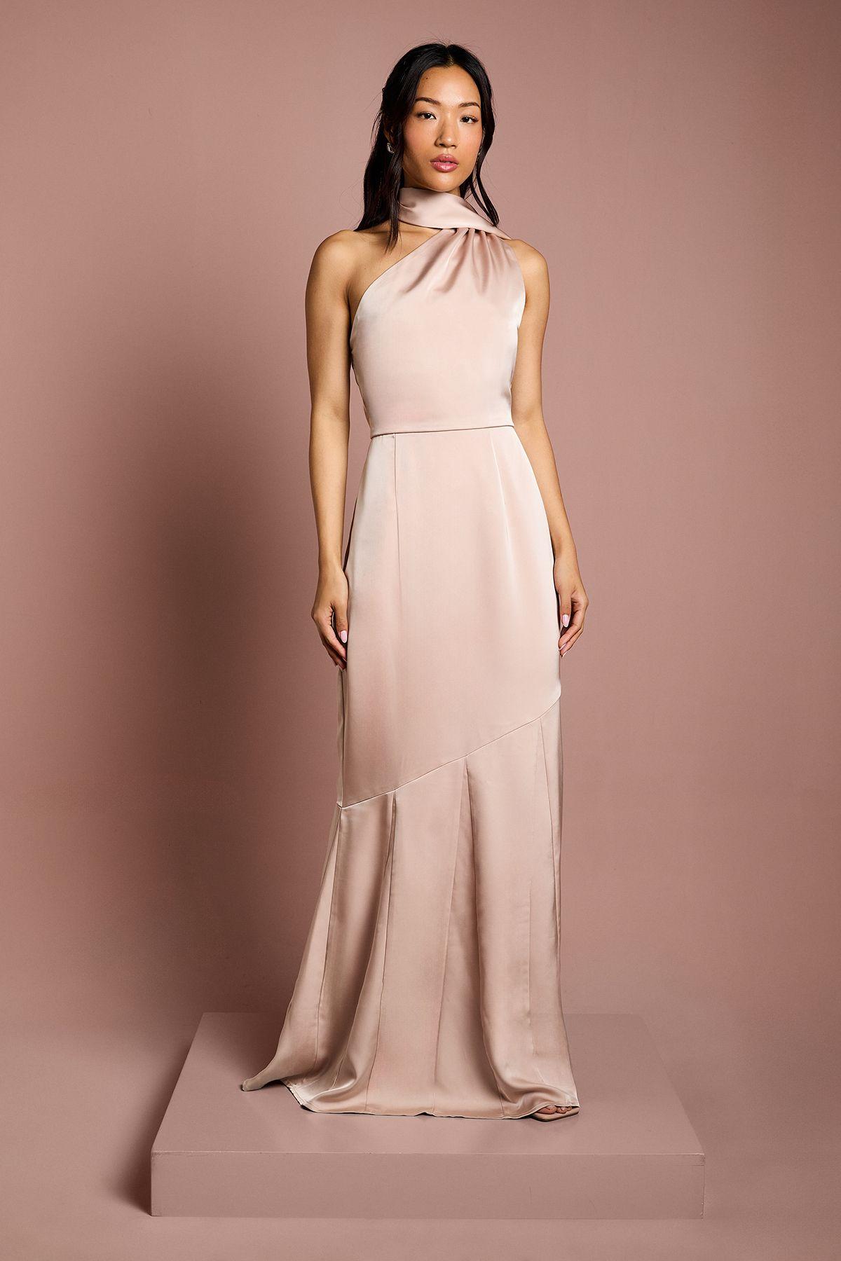 Satin One Shoulder Fishtail Maxi Bridesmaid Dress With Neck Tie by COAST