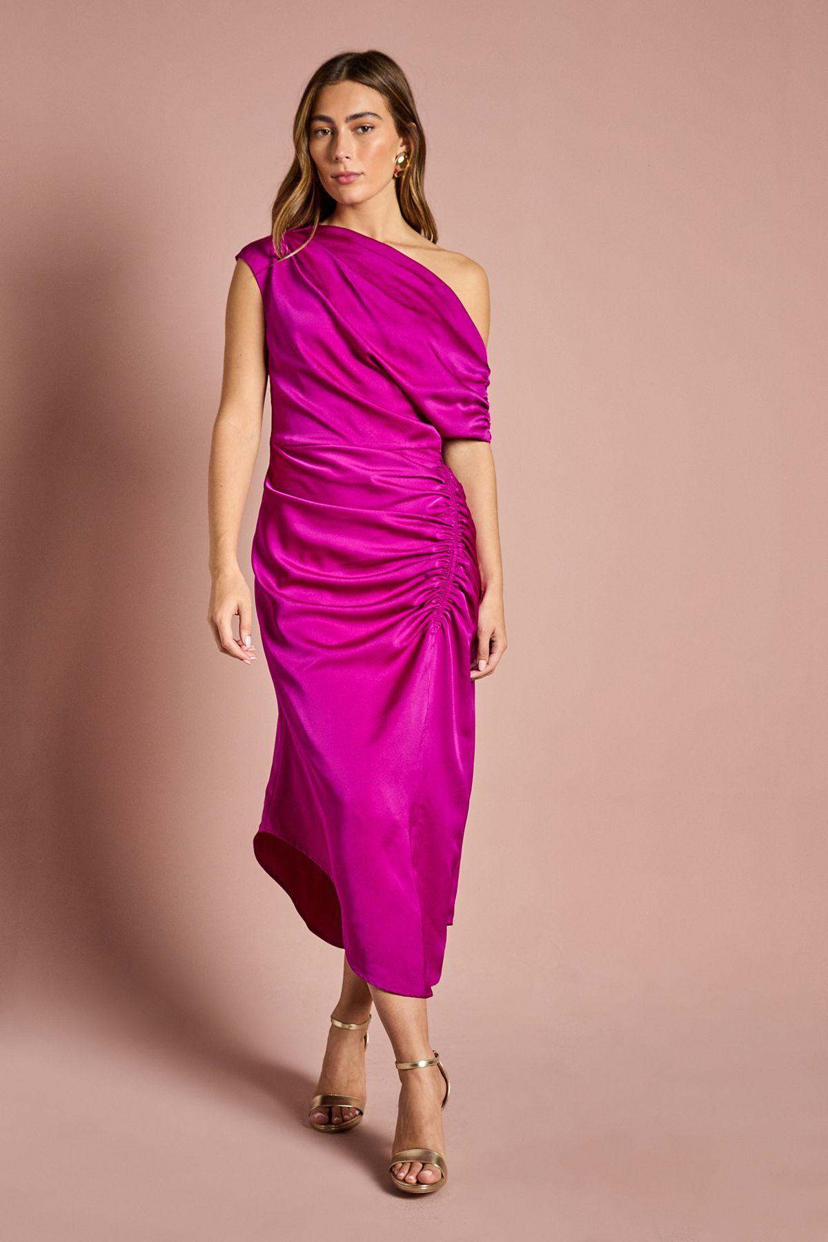 Satin Ruched One Shoulder Asymmetric Hem Midi Dress by COAST