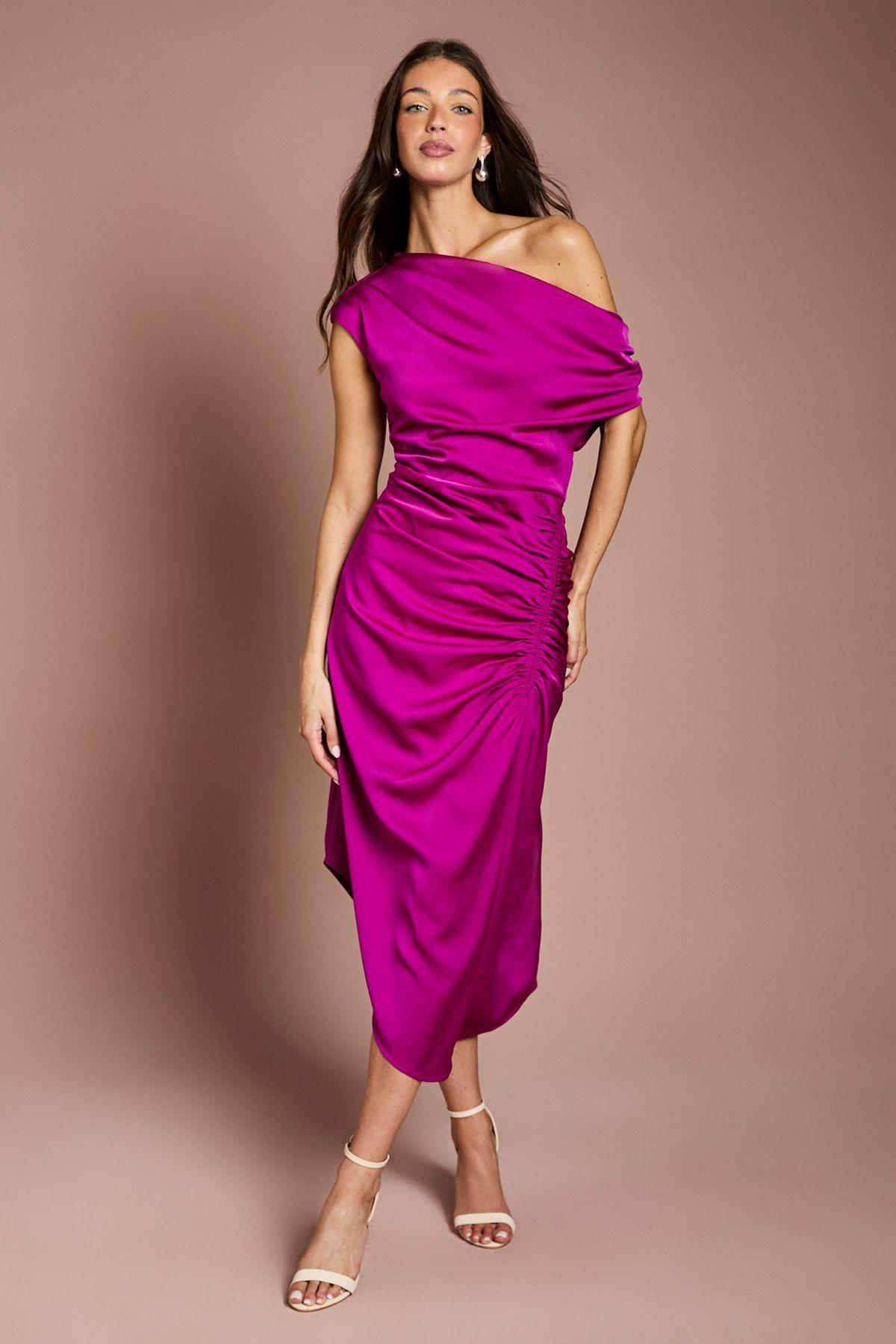 Satin Ruched One Shoulder Asymmetric Hem Midi Dress by COAST