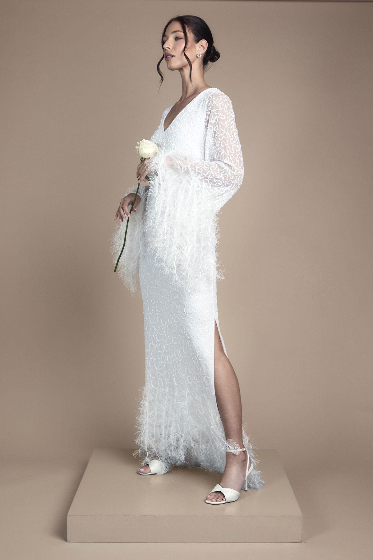 Sequin Embellished Feather Trim Long Sleeve Maxi Wedding Dress by COAST