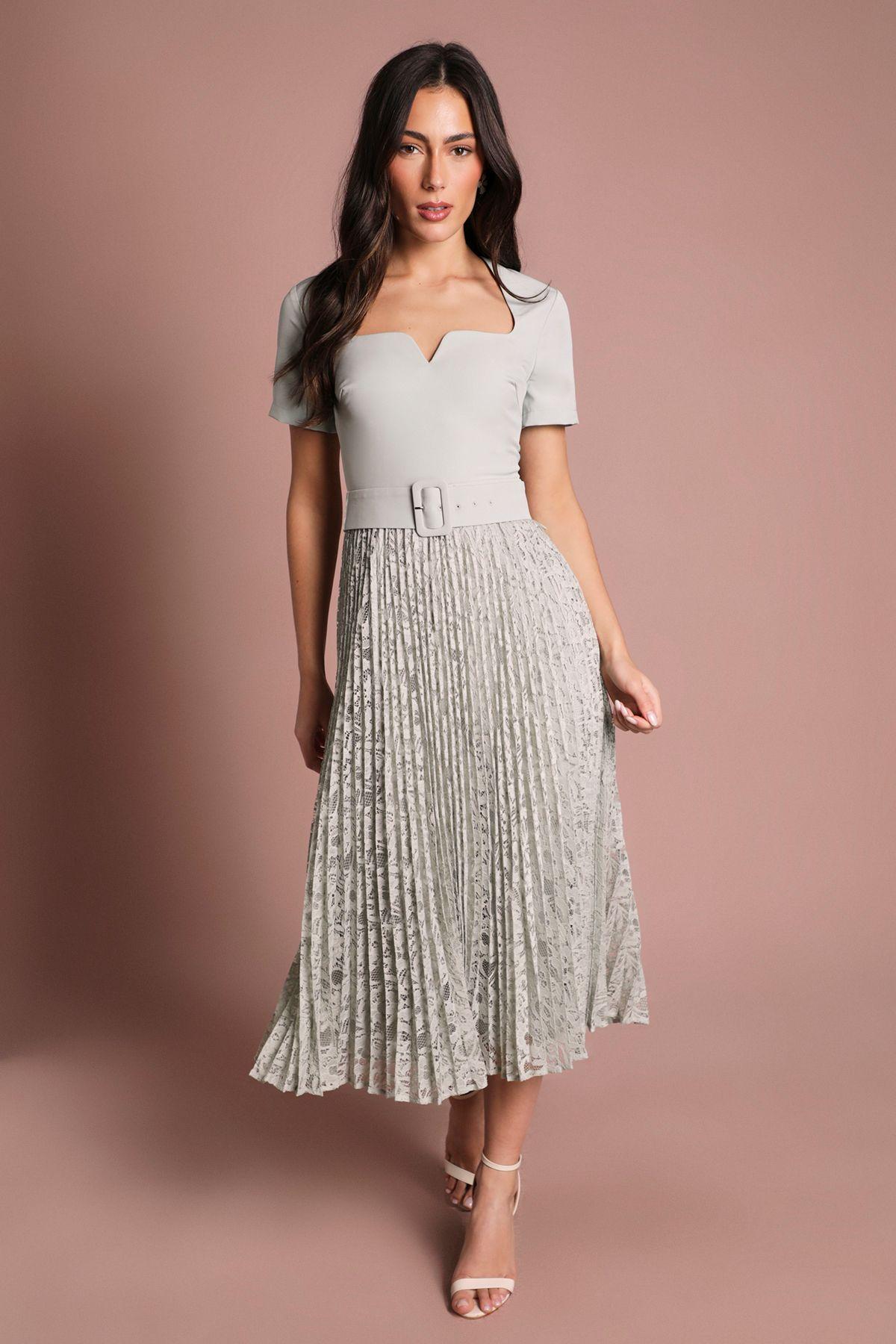 Short Sleeve Crepe Midi Dress With Lace Pleated Skirt by COAST