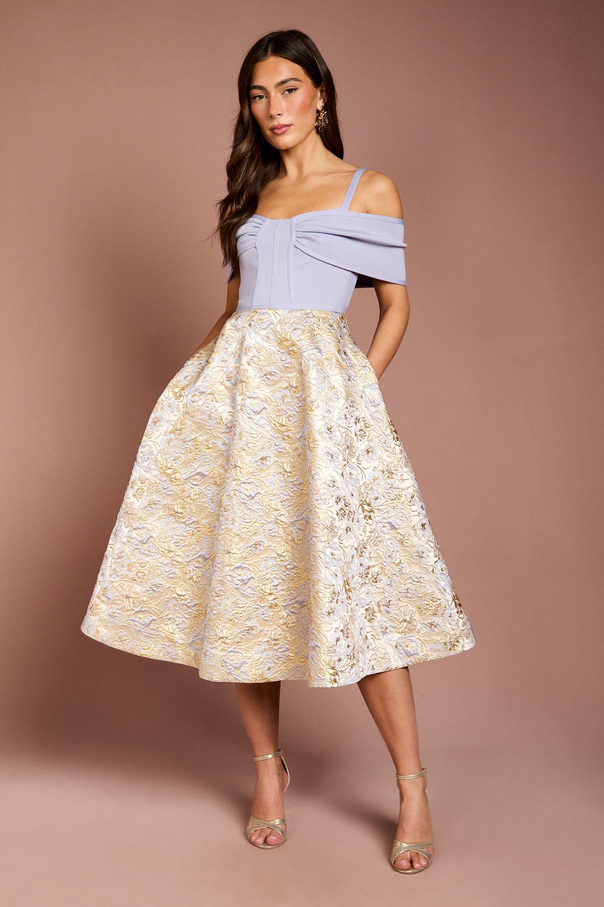 Shoulder Bandage Midi Dress With Jacquard Skirt by COAST