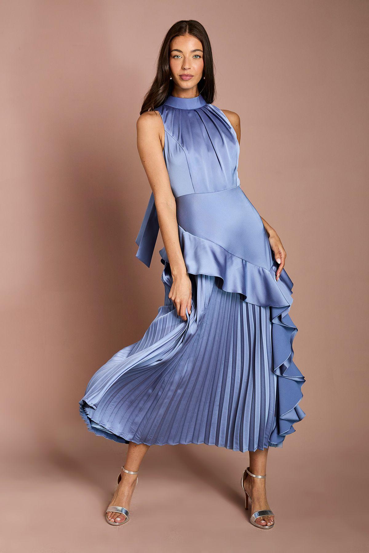 Sleeveless Ruffle Pleat Satin Back Crepe Dress by COAST