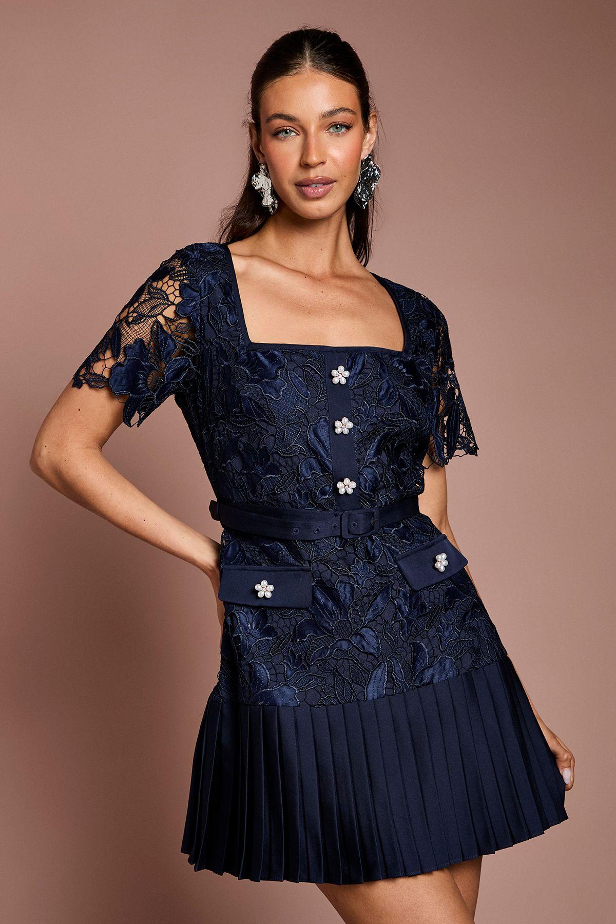 Square Neck Pearl Button Satin Lace Mini Dress by COAST