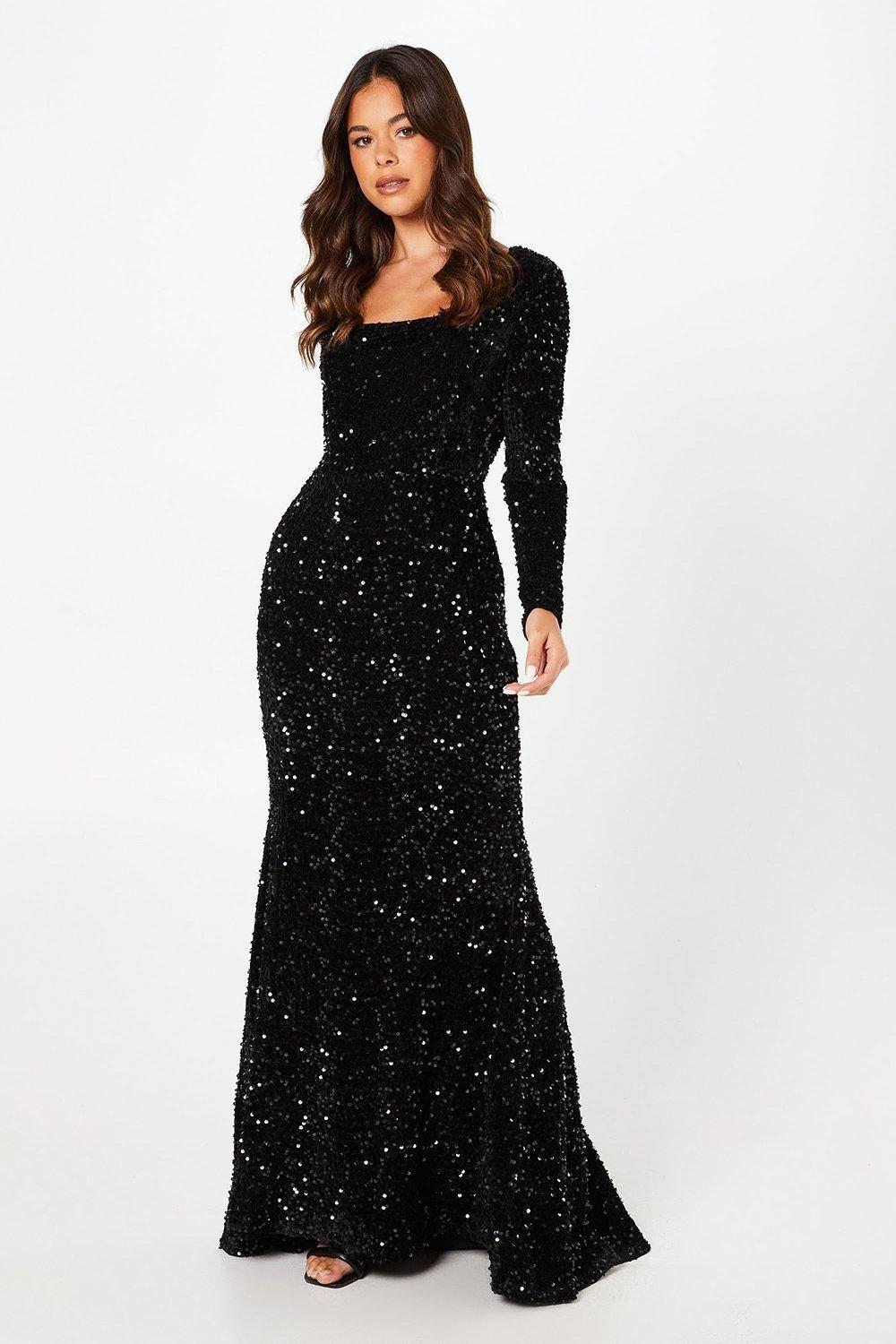Square Neck Velvet Sequin Long Sleeve Black Maxi Dress by COAST