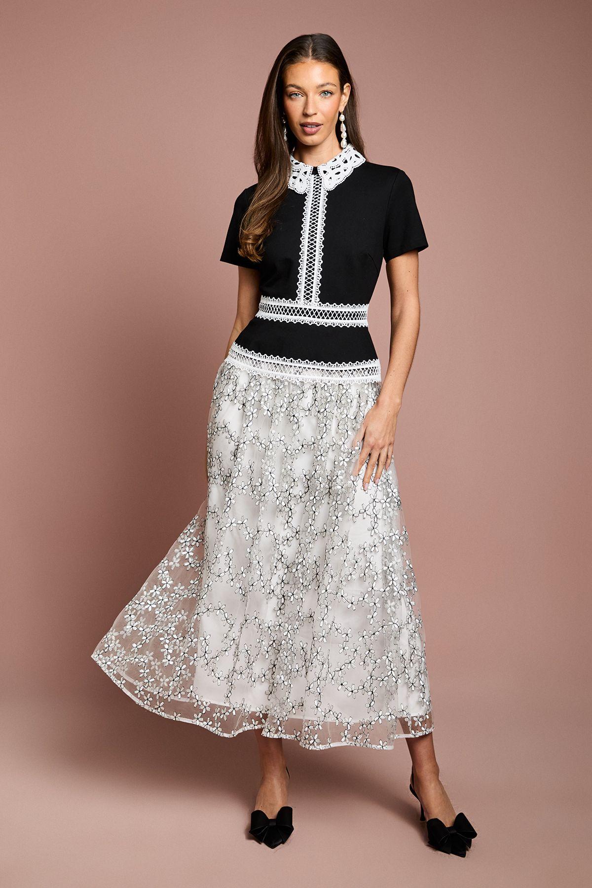 Stretch Bodice Embroidered Mesh Skirt Midaxi Dress by COAST