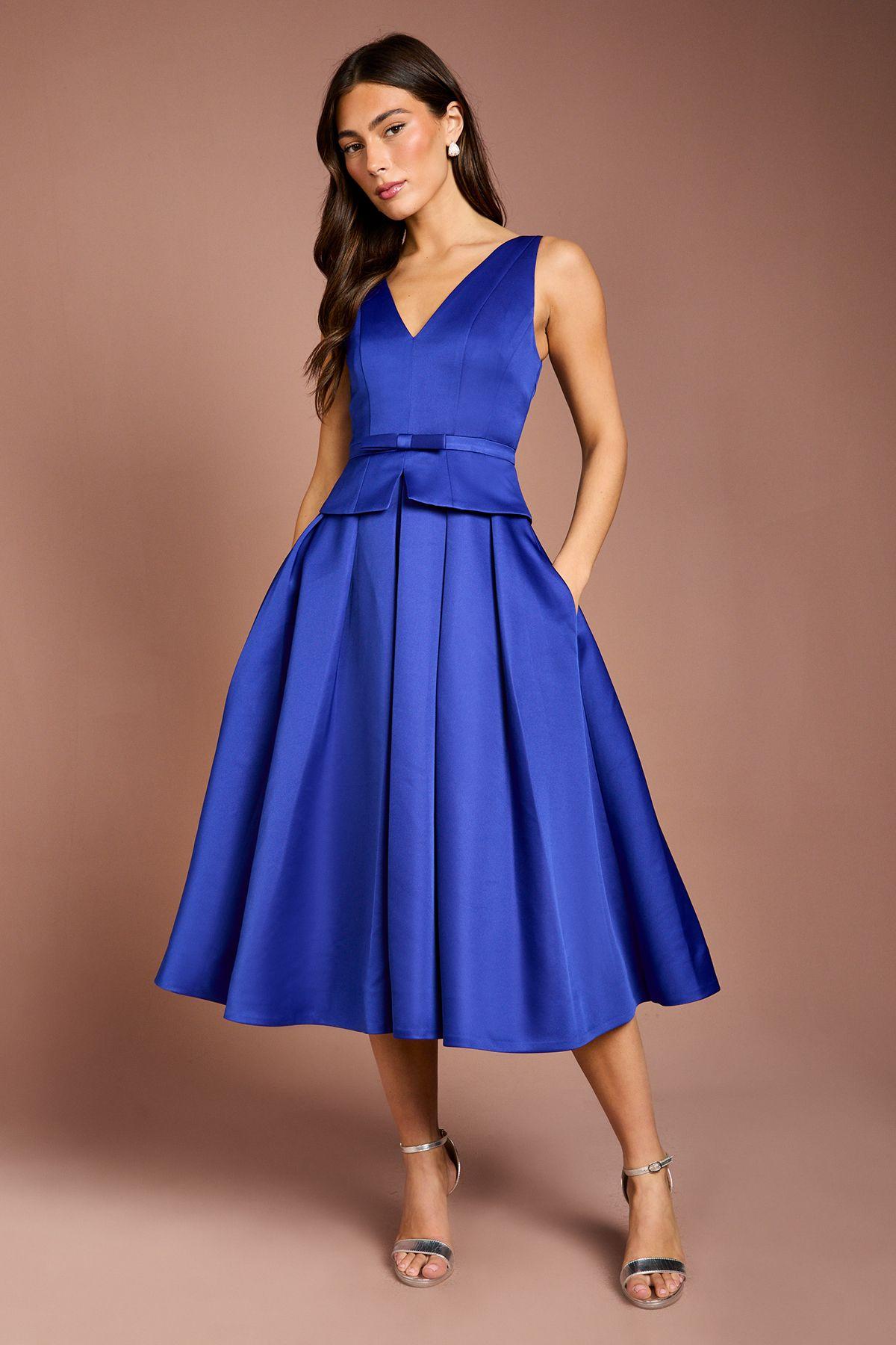 Structured Satin Pleated Peplum Midi Dress by COAST