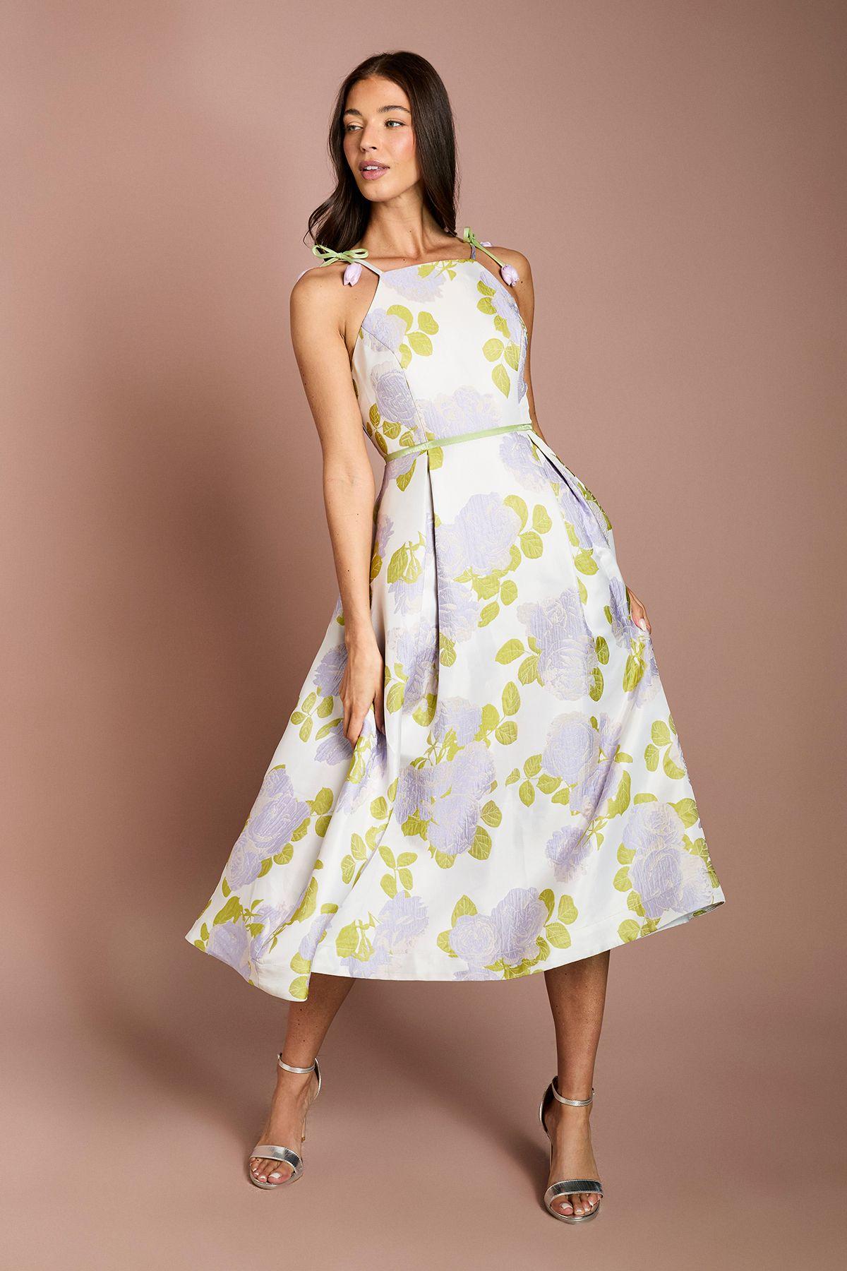 Tulip Strap Jacquard High Neck Midi Dress by COAST