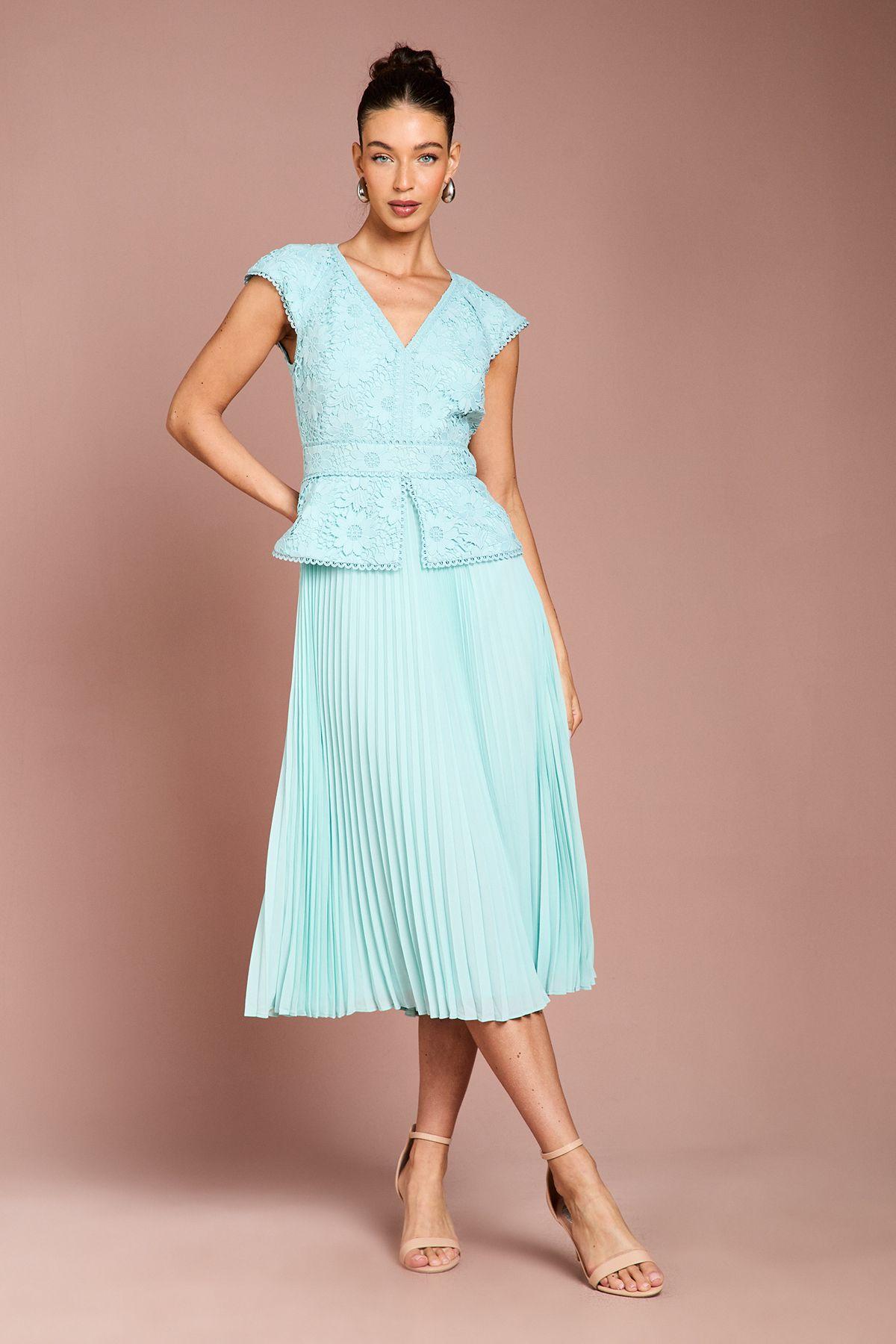 V Neck Lace Bodice Peplum Midi Dress by COAST