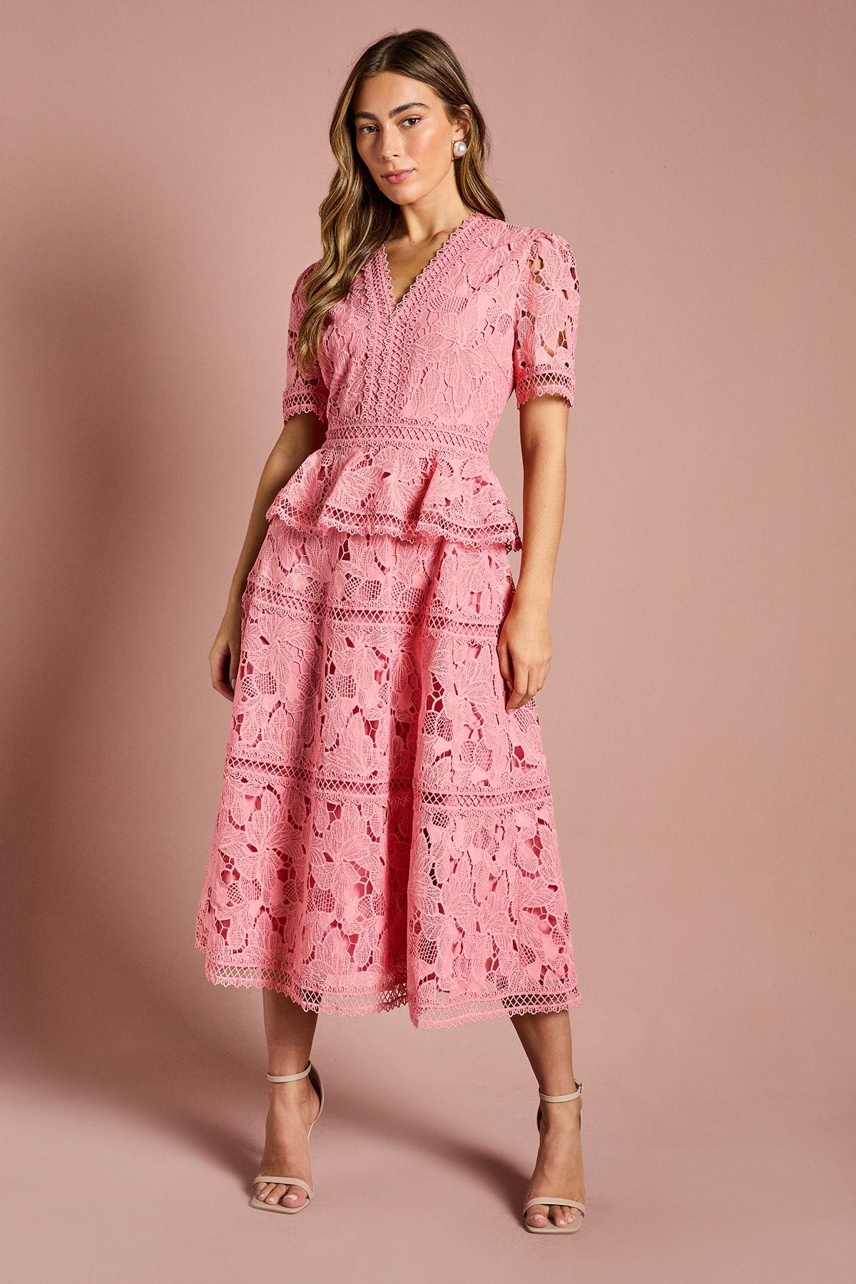 V Neck Peplum Tiered Lace Midi Dress by COAST