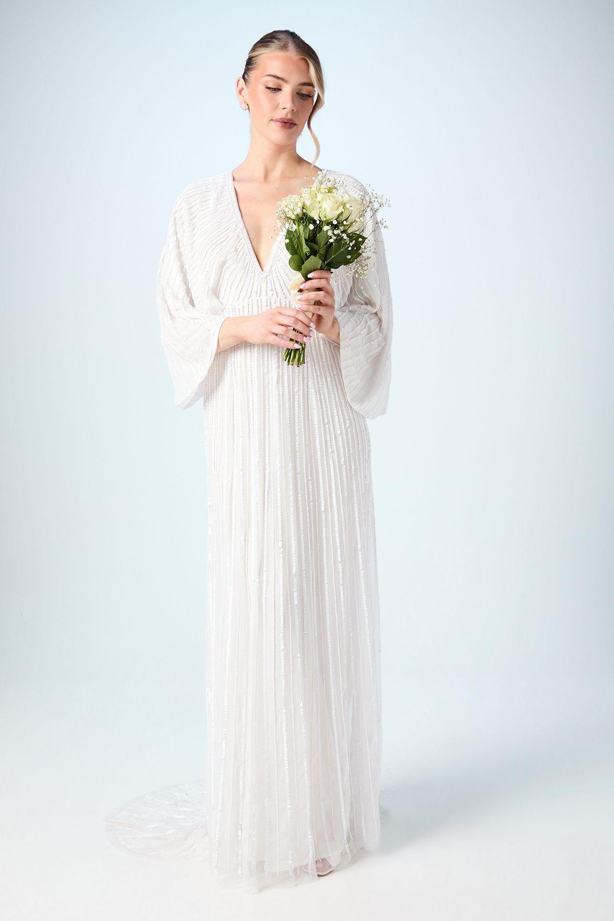 V Neck Sequin Kimono Sleeve Wedding Dress by COAST