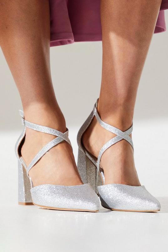 Wide Fit Treat Glitter Cross Strap Pointed Block Heel Court Shoes by COAST