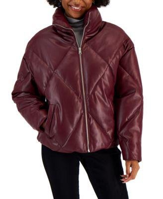 Juniors' Quilted Faux-Leather Puffer Coat by COFFEESHOP
