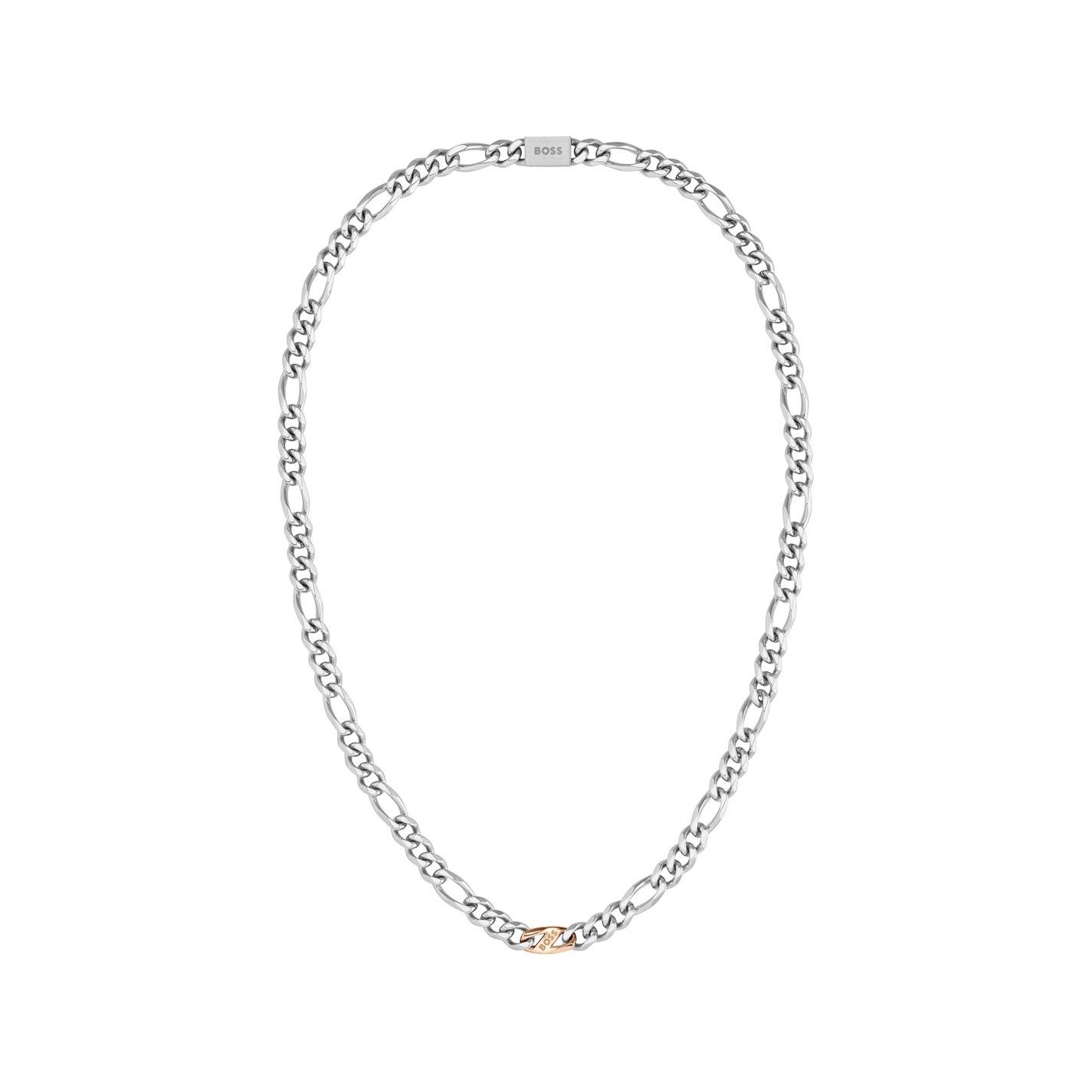 Boss Gents BOSS Rian Stainless Steel and Carnation Gold IP Figaro Chain by COGGLES