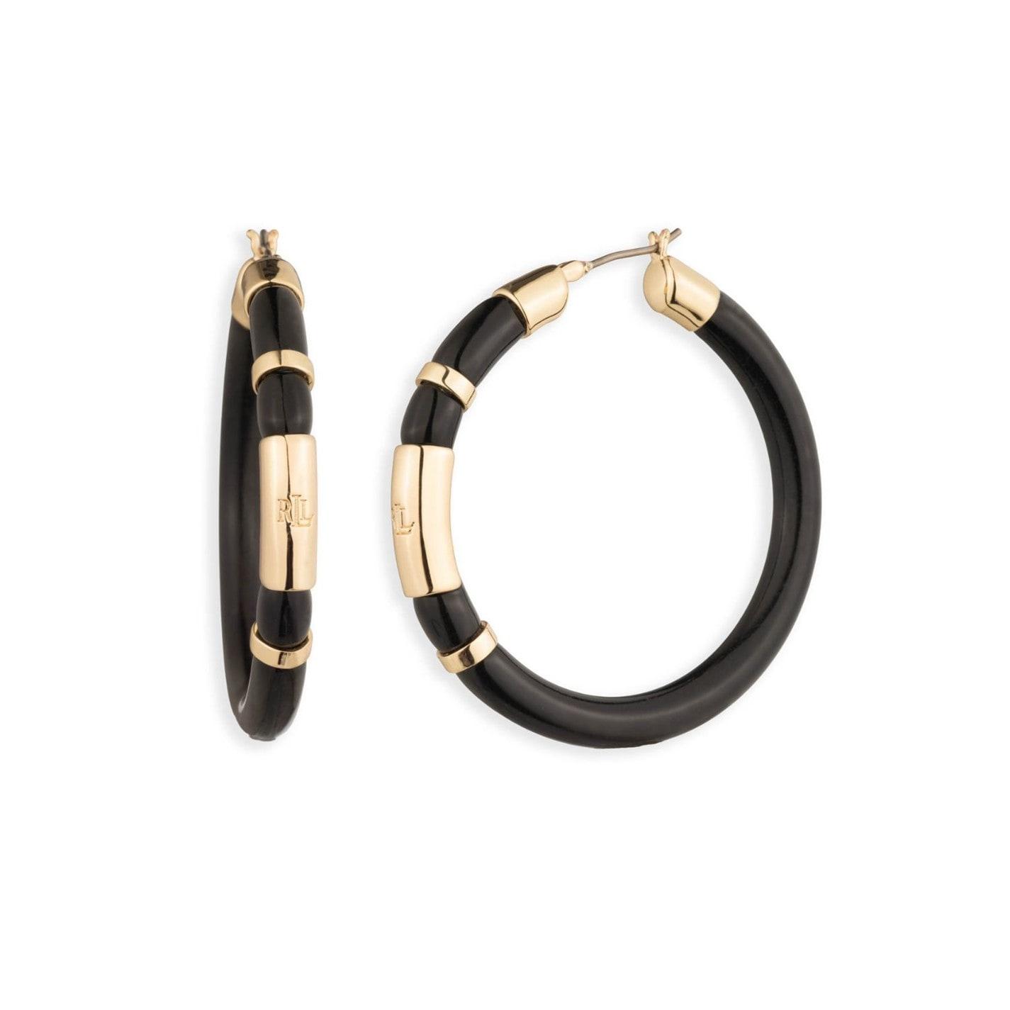 LAUREN RALPH LAUREN Lauren Ralph Lauren Black & Gold Logo Hoop Earrings by COGGLES