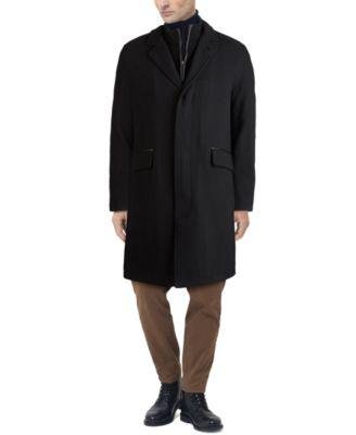 Men's Layered Look Classic-Fit Twill Topcoat with Faux-Leather Trim by COLE HAAN