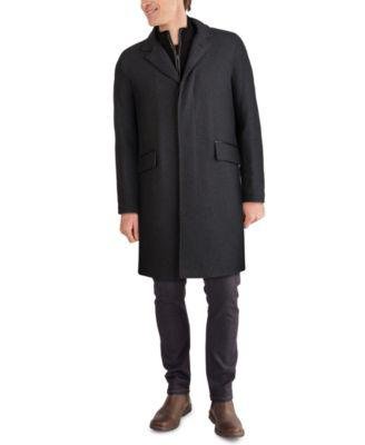 Men's Layered Look Classic-Fit Twill Topcoat with Faux-Leather Trim by COLE HAAN
