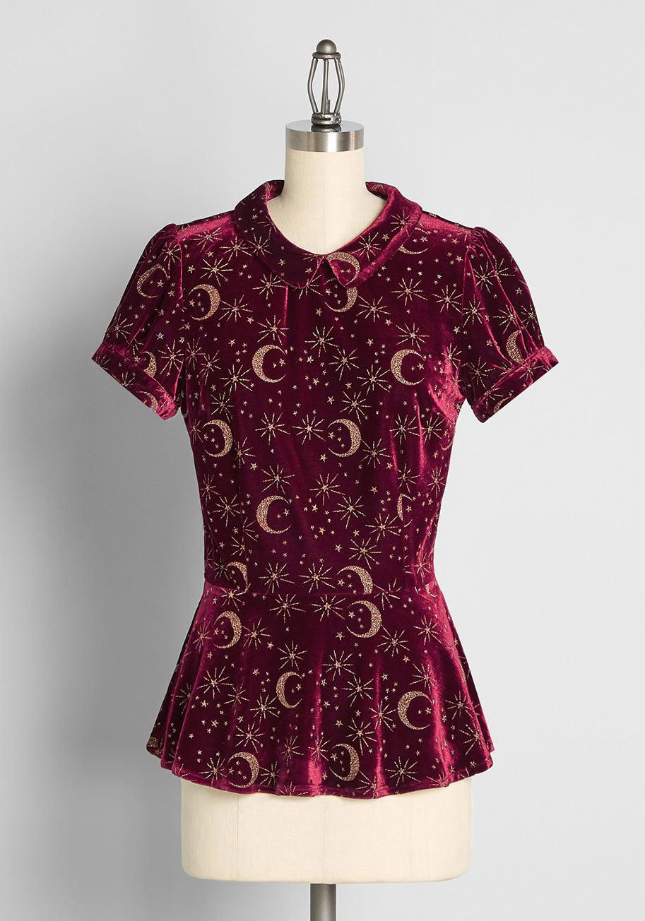 Collectif Crescents and Crimson Velvet Peplum Top by COLLECTIF
