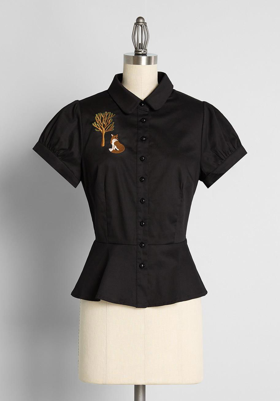 ModCloth x Collectif My Foxy Moxie Embroidered Peplum Blouse by COLLECTIF
