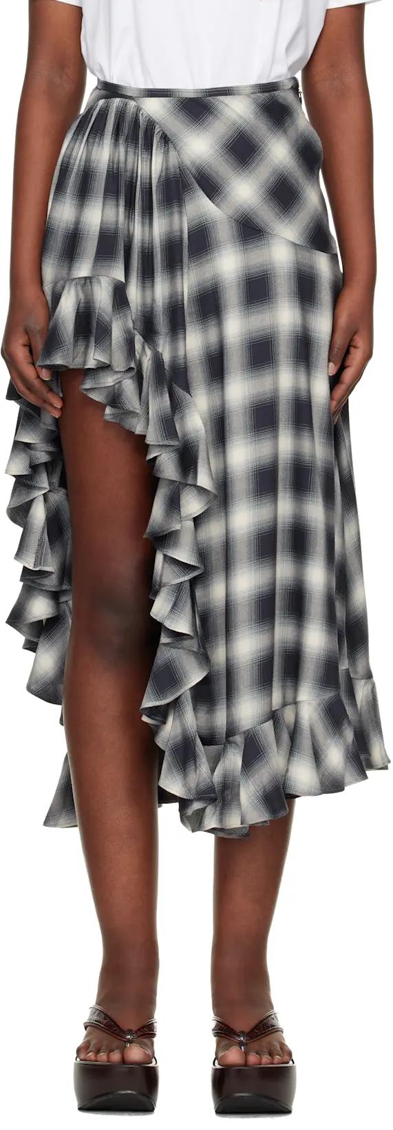 Black & White Lightweight Flannel Florist Midi Skirt by COLLINA STRADA