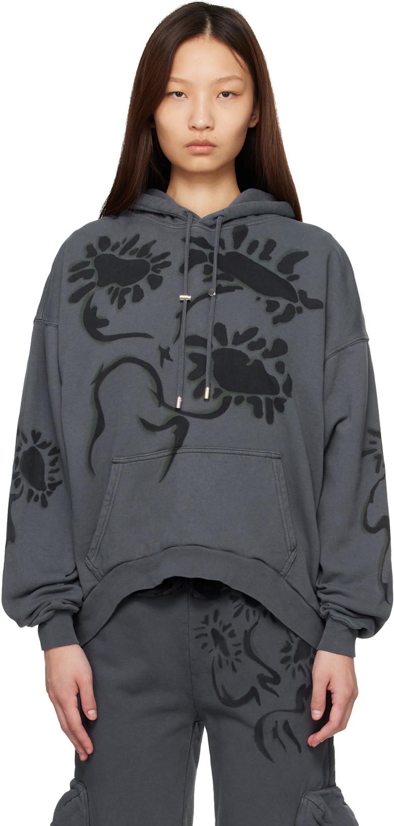 Gray 'Charcoal Daisies' Round Hem Hoodie by COLLINA STRADA