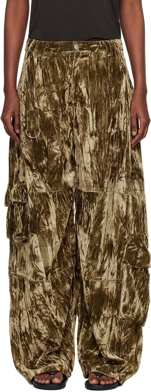 Khaki Velvet Lawn Cargo Pant by COLLINA STRADA