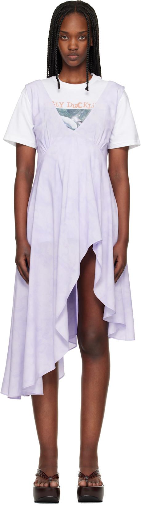 Purple Lilac Floral Scribble Tulip Midi Dress by COLLINA STRADA