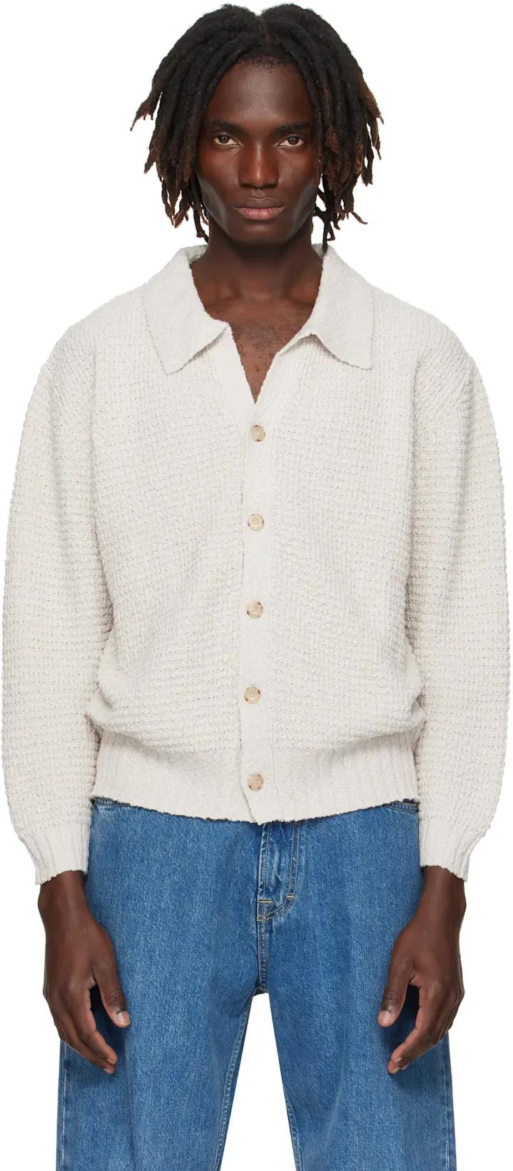 Off-White Textured Knit Cardigan by COMMAS