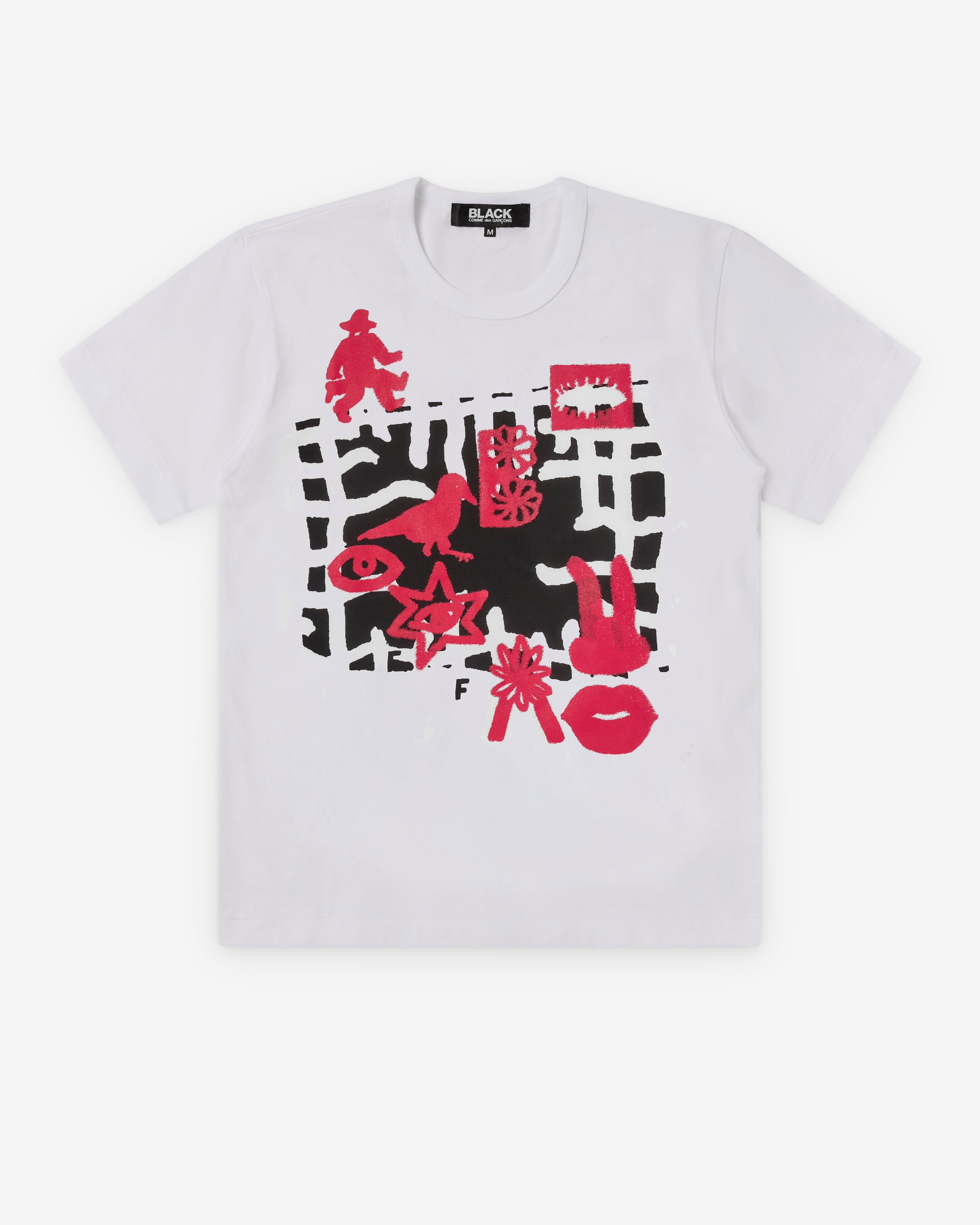 Black Comme des Garçons - Men's Red Print T-Shirt - (White) by COMME DES GARCONS