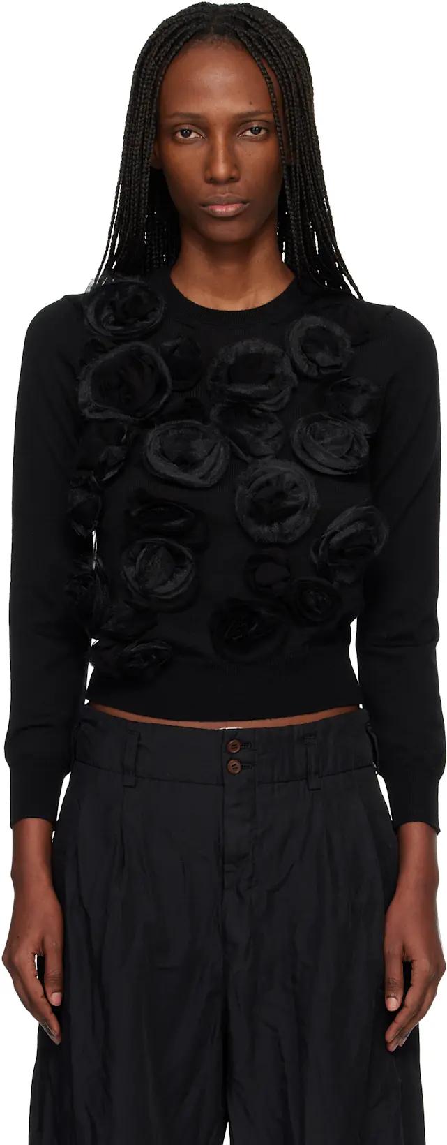Black Lambswool Jersey X Flower Embroidery Crewneck Sweater by COMME DES GARCONS