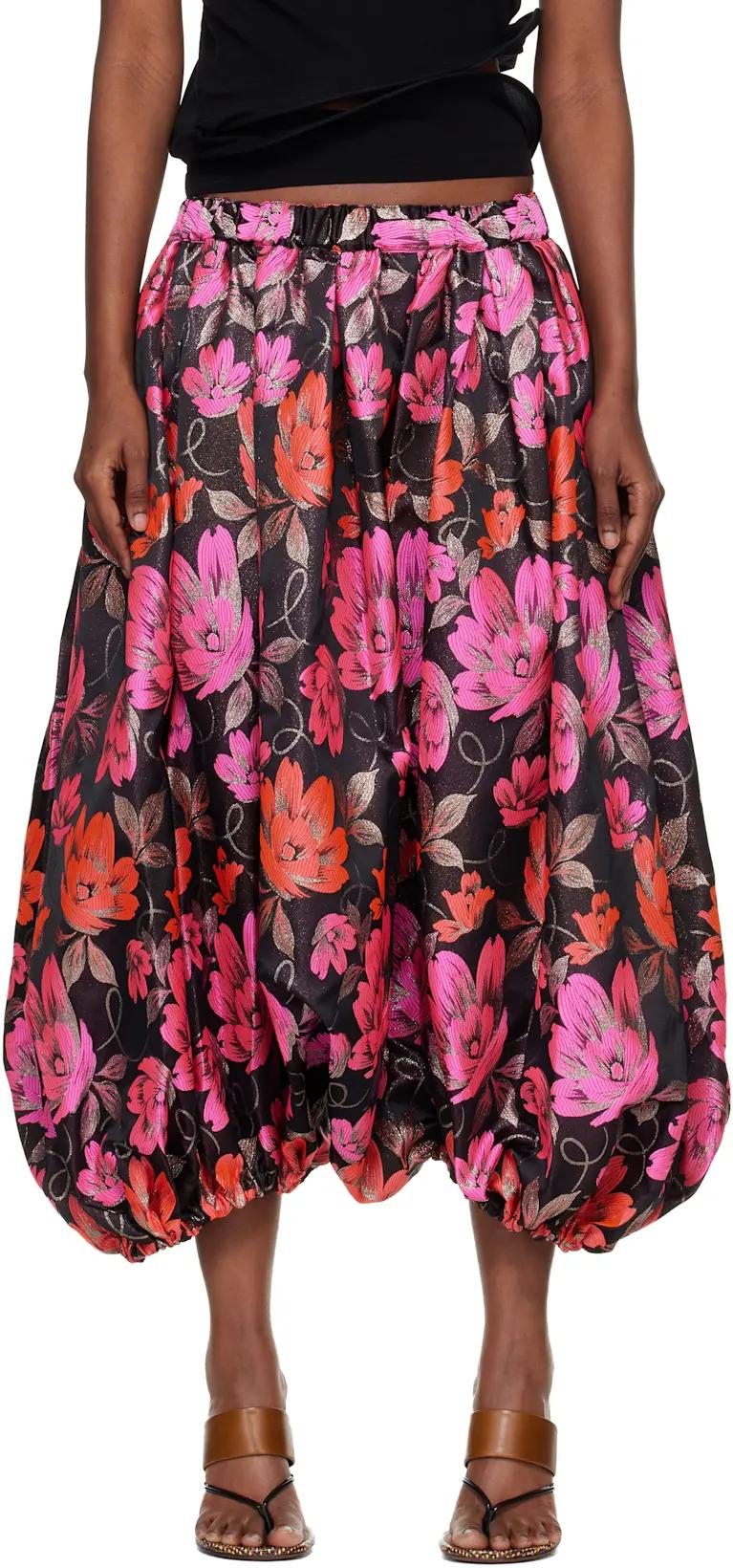 Black & Pink Jacquard Floral Pattern Trousers by COMME DES GARCONS