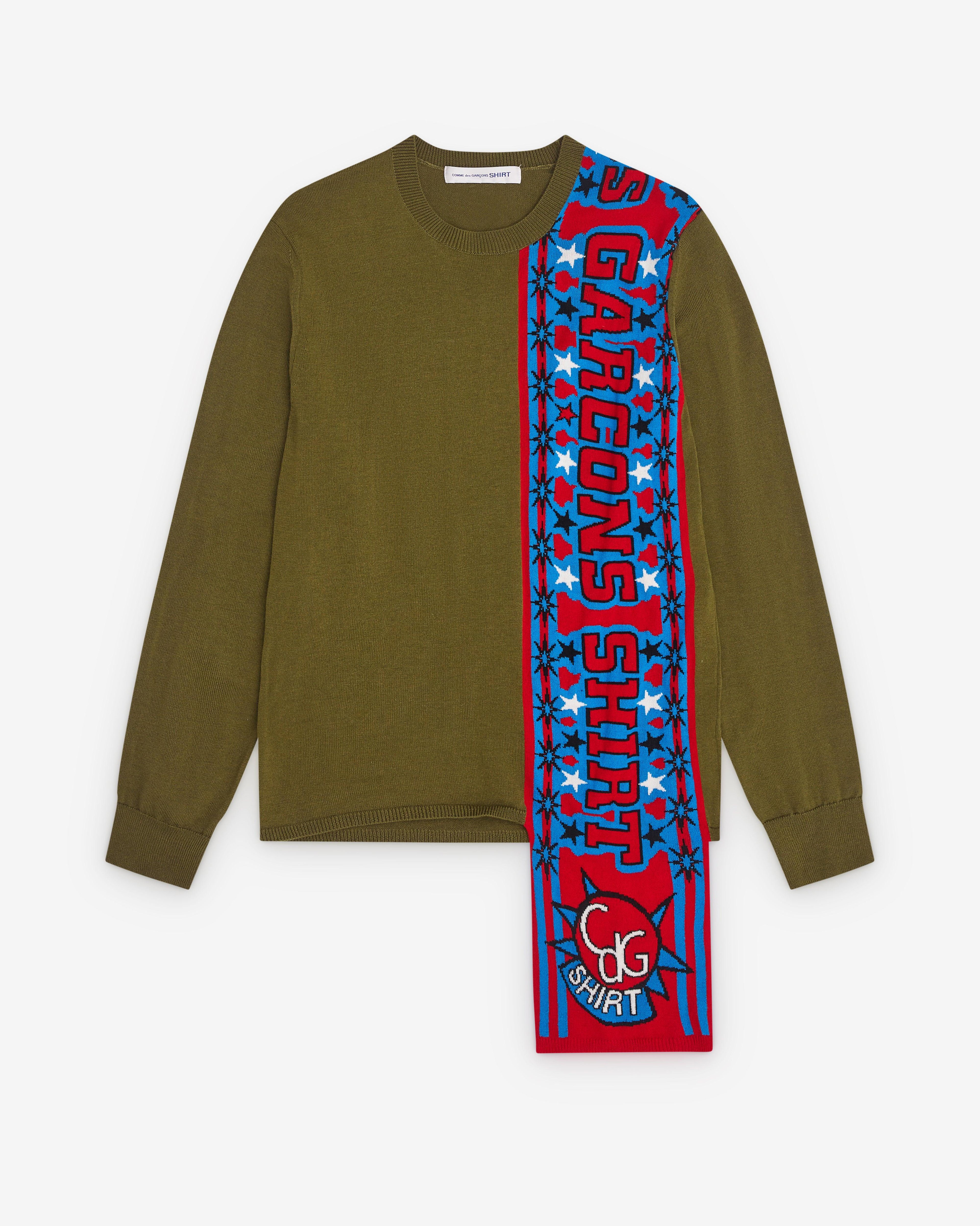 CDG Shirt - Men’s Football Scarf Knitted Sweater - (Khaki/Red) by COMME DES GARCONS