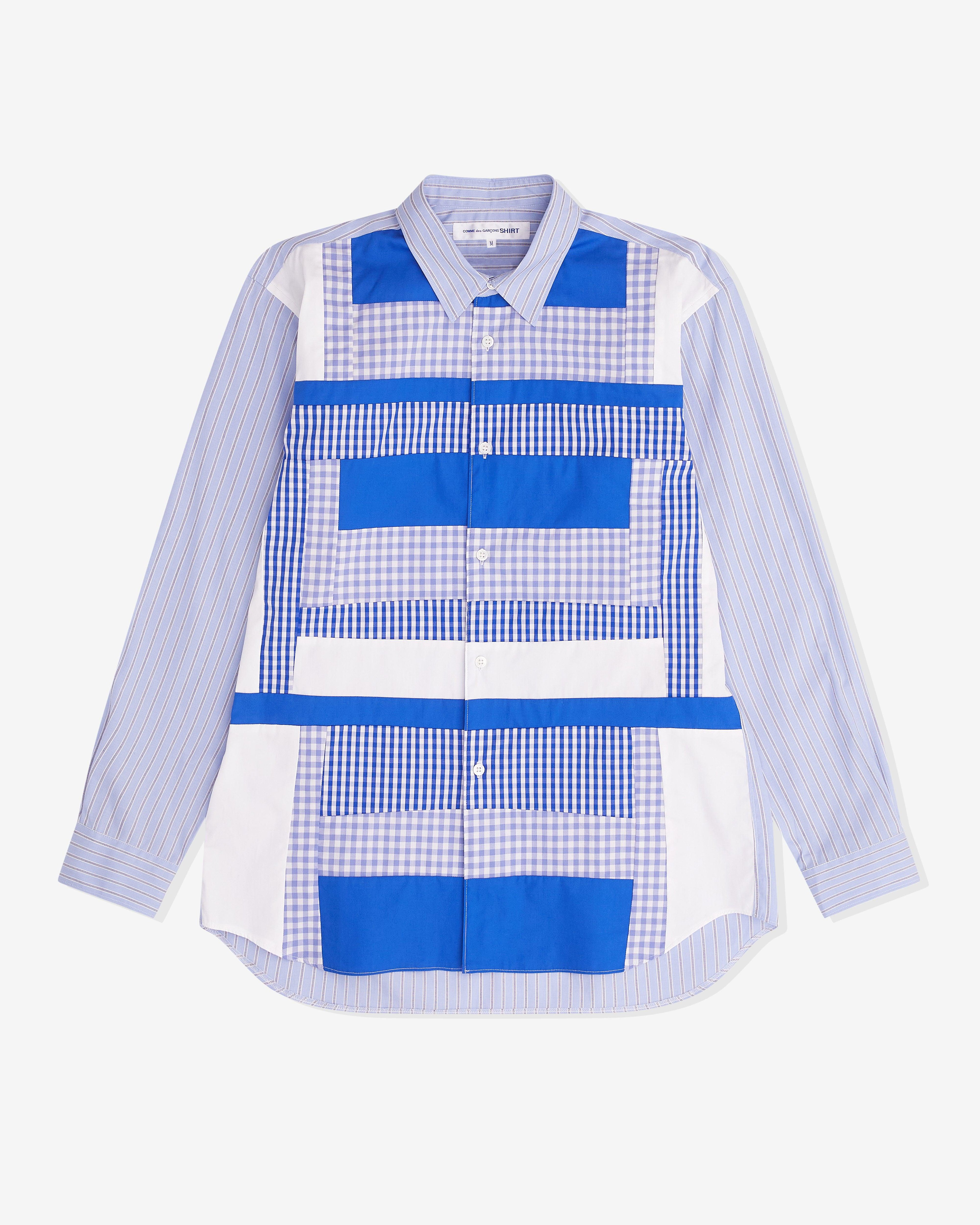 CDG Shirt - Men’s Gingham Patchwork Panelled Shirt - (Blue) by COMME DES GARCONS