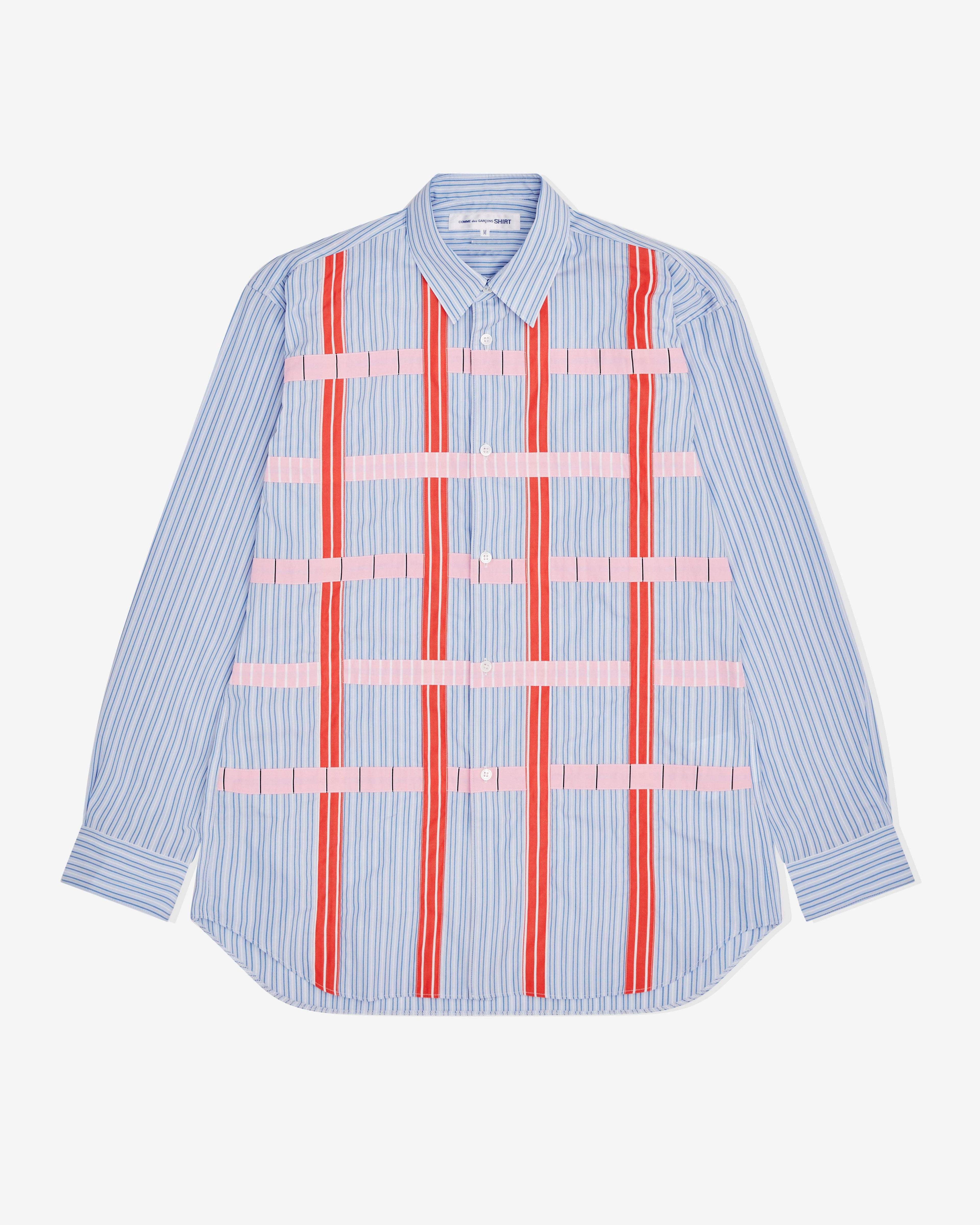CDG Shirt - Men's Orange Pink Lattice Shirt - (Blue Stripe) by COMME DES GARCONS