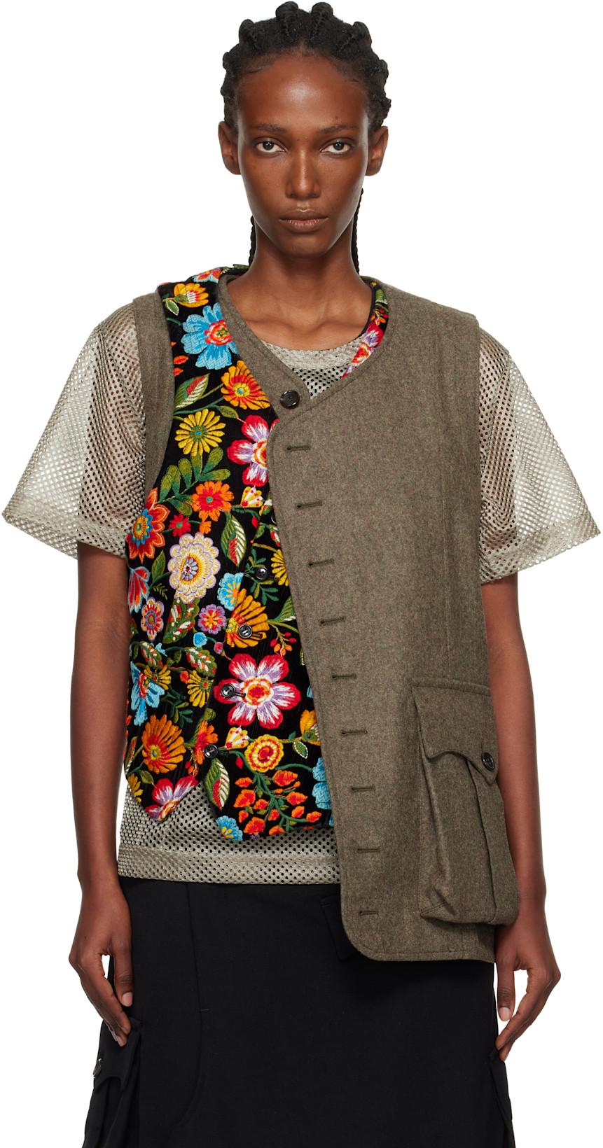 Khaki & Black Velvet Floral Pattern Embroidery Vest by COMME DES GARCONS