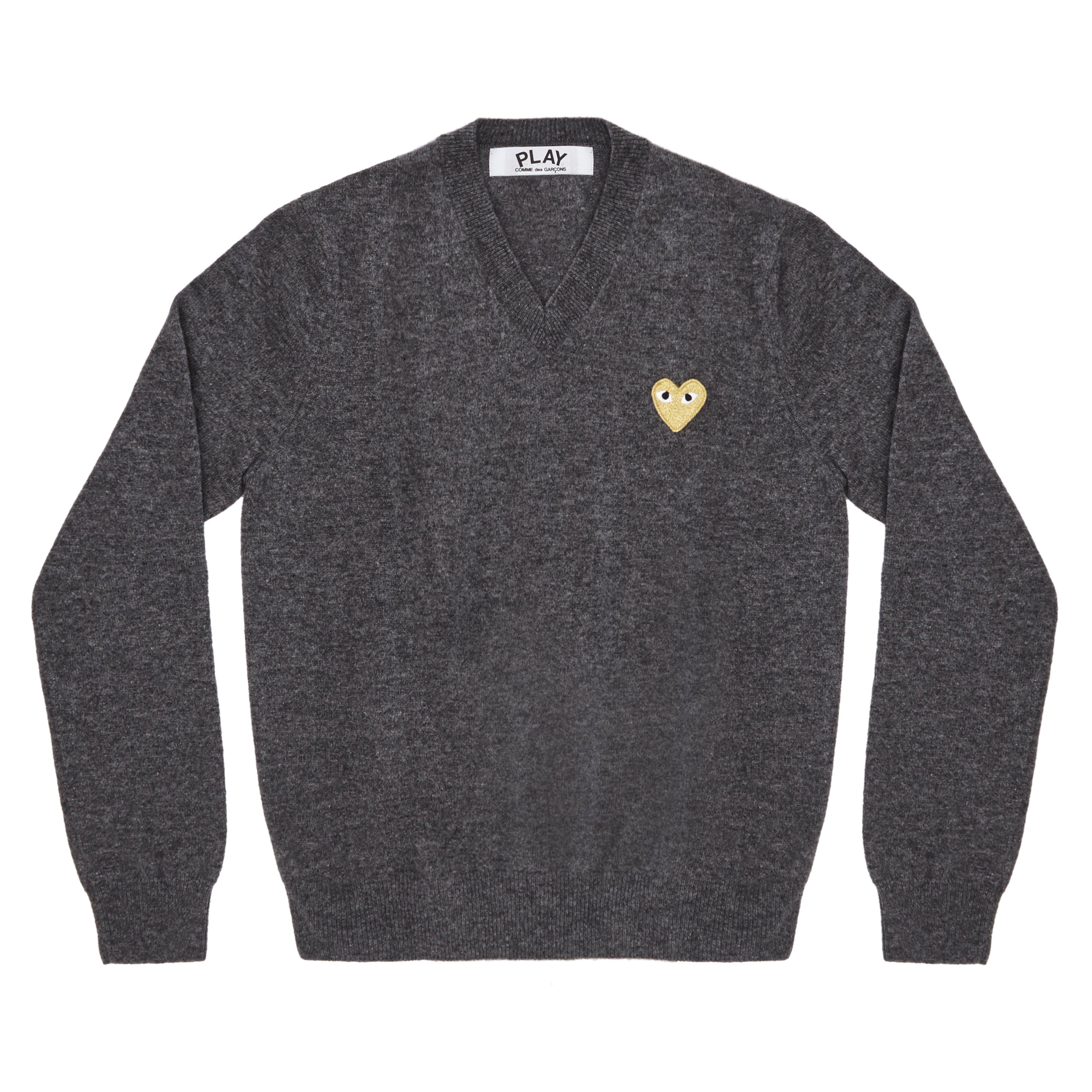 Play Comme des Garçons - Gold Heart V-Neck Sweater - (Mid Grey) by COMME DES GARCONS