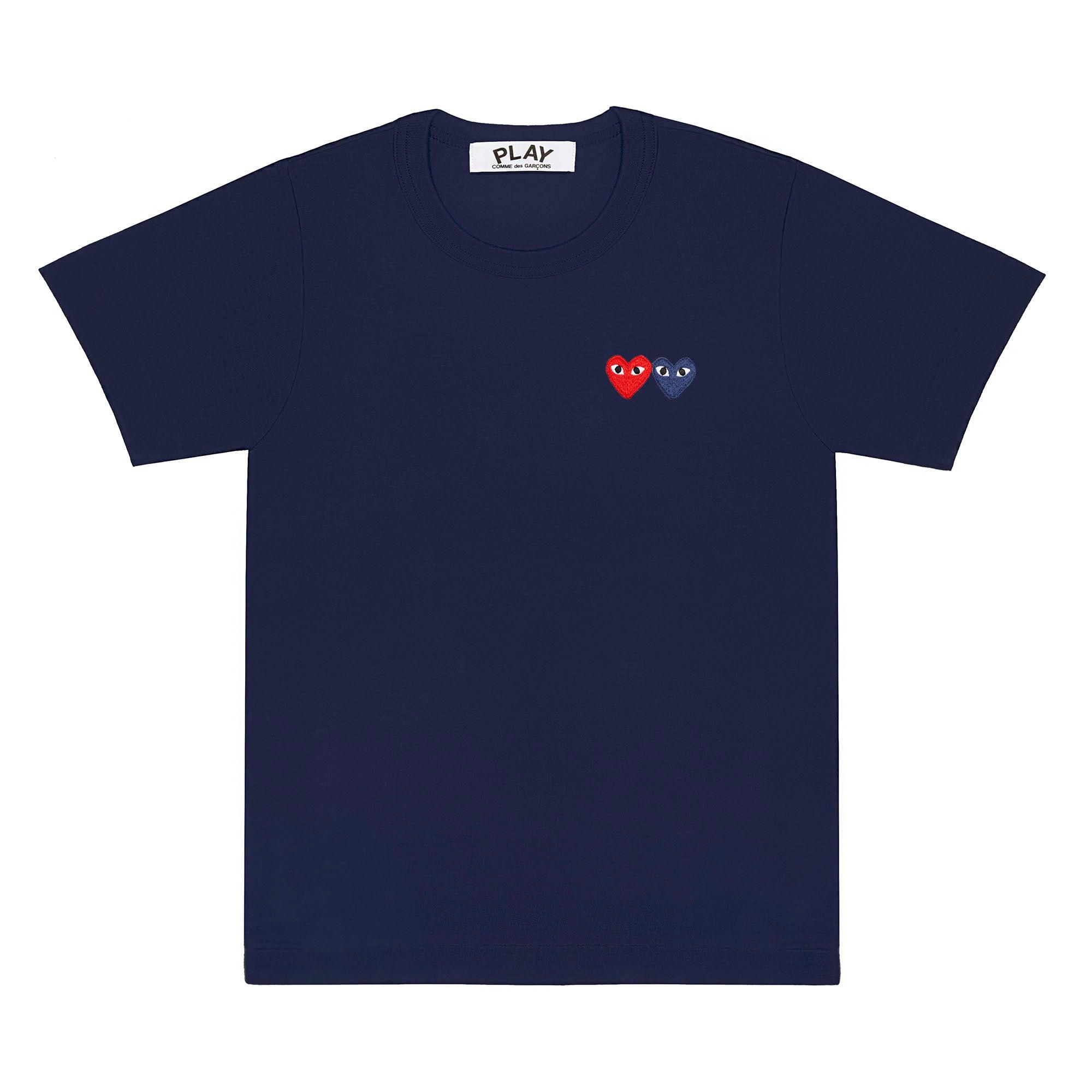 Play Comme des Garçons - T-Shirt with Double Heart - (Navy) by COMME DES GARCONS
