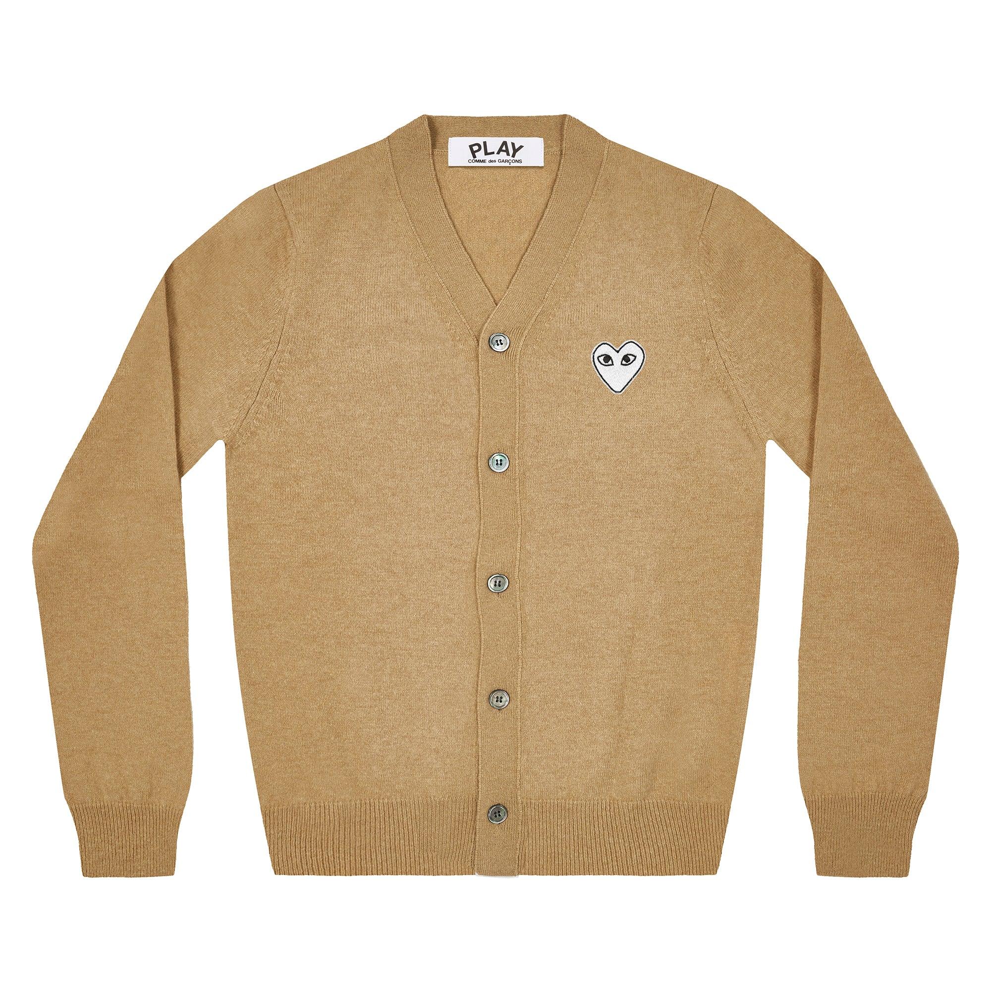 Play Comme des Garçons - White Heart Men’s Cardigan - (Camel) by COMME DES GARCONS