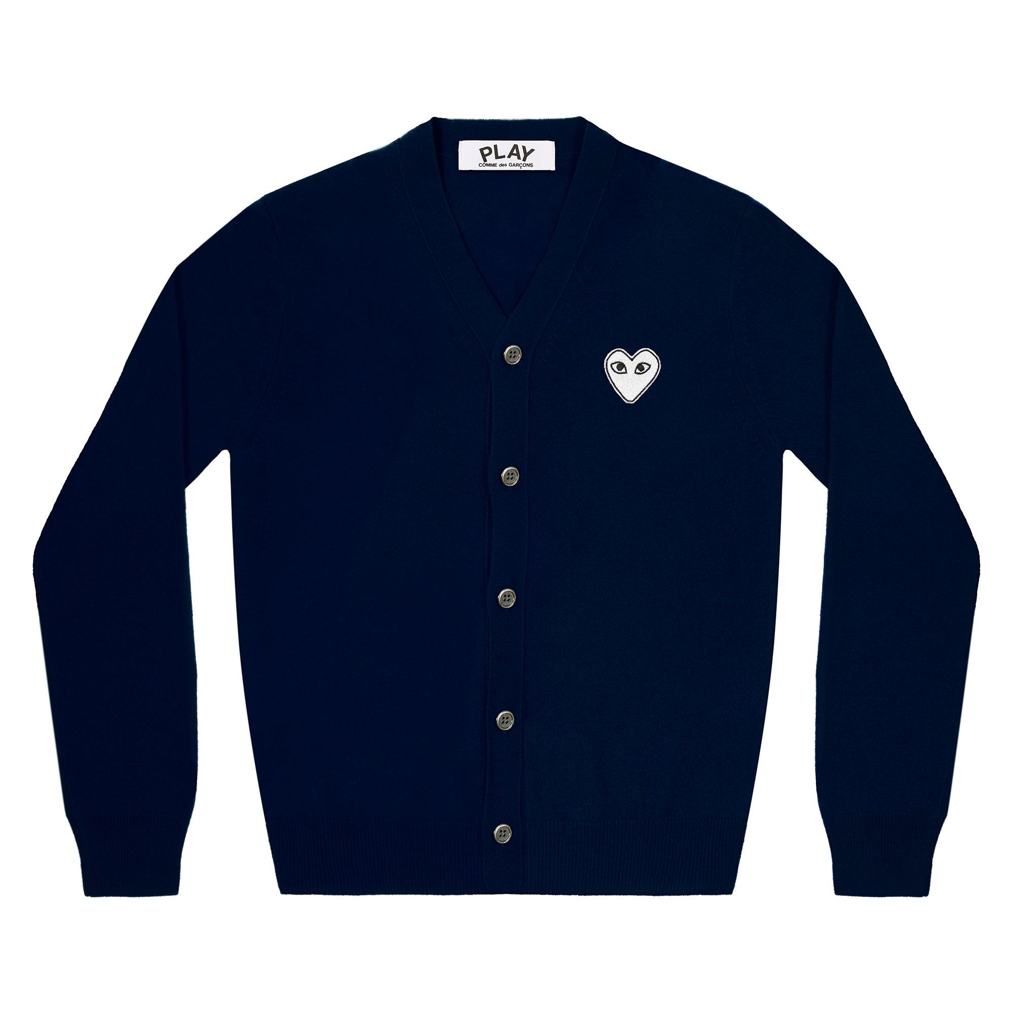 Play Comme des Garçons - White Heart Men’s Cardigan - (Navy) by COMME DES GARCONS