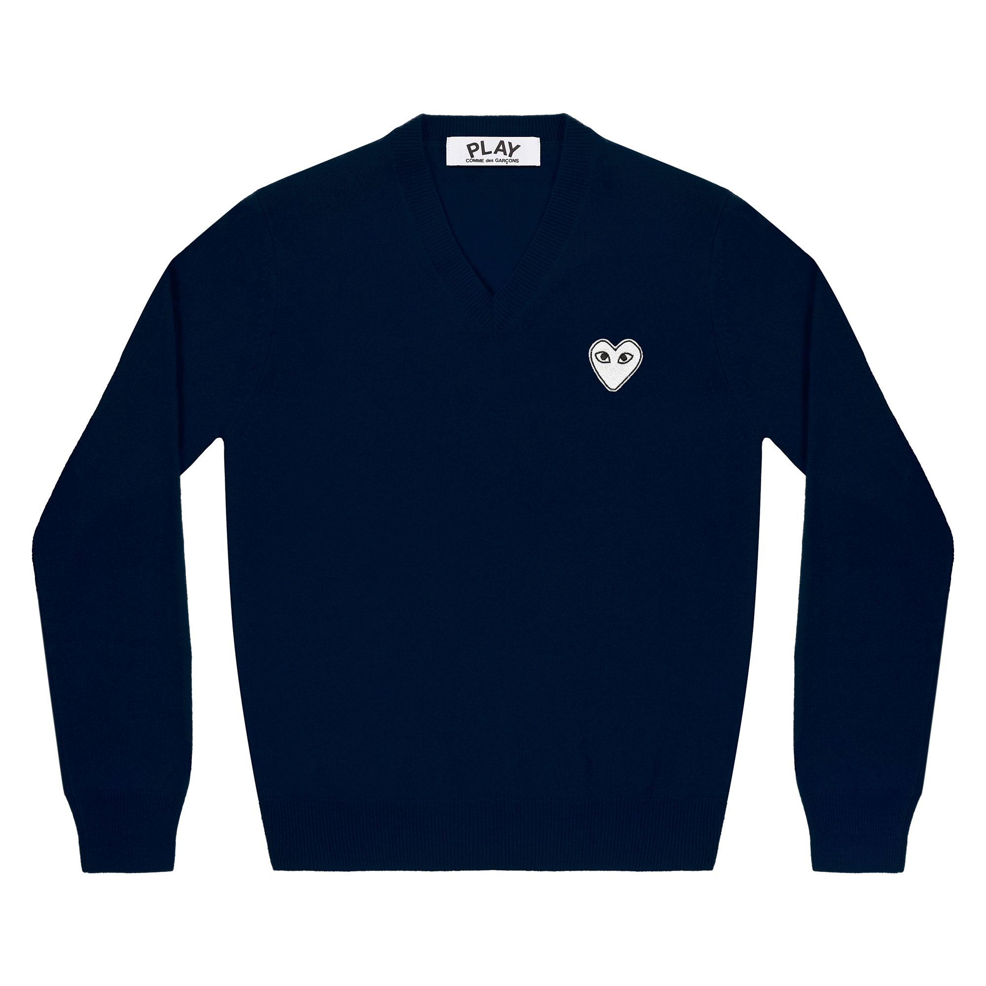 Play Comme des Garçons -  White Heart V-Neck Sweater - (Navy) by COMME DES GARCONS